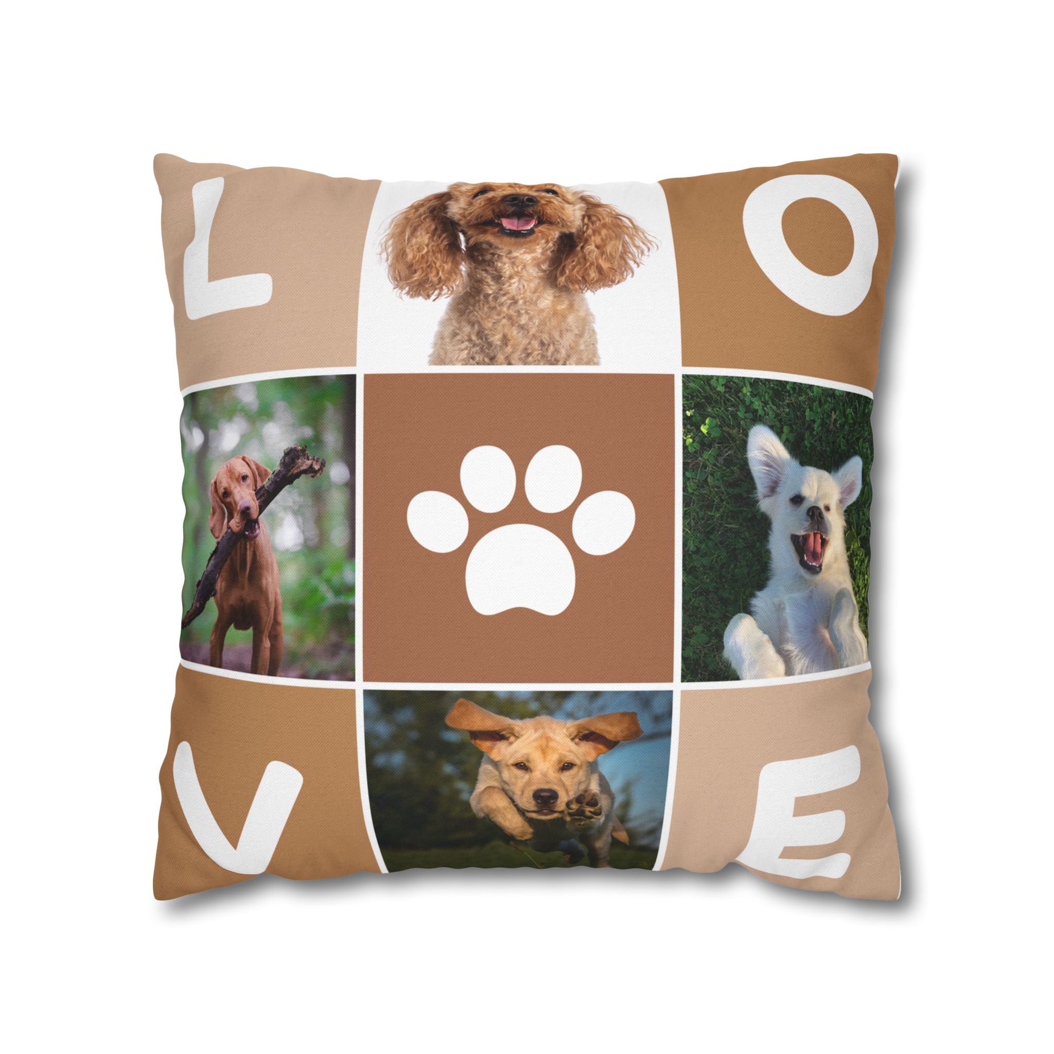 Dog Photo Collage Square Pillow — "LOVE" Paw Print Decorative Pillowcase