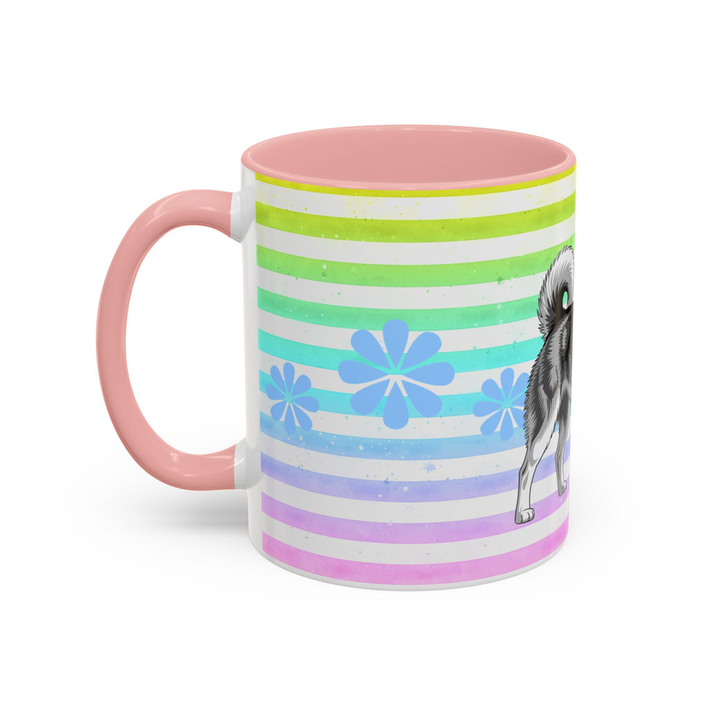 Siberian Husky Coffee Mug — Cute Black & Husky Pup on Rainbow Stripes (Accent Mug 11/15oz)