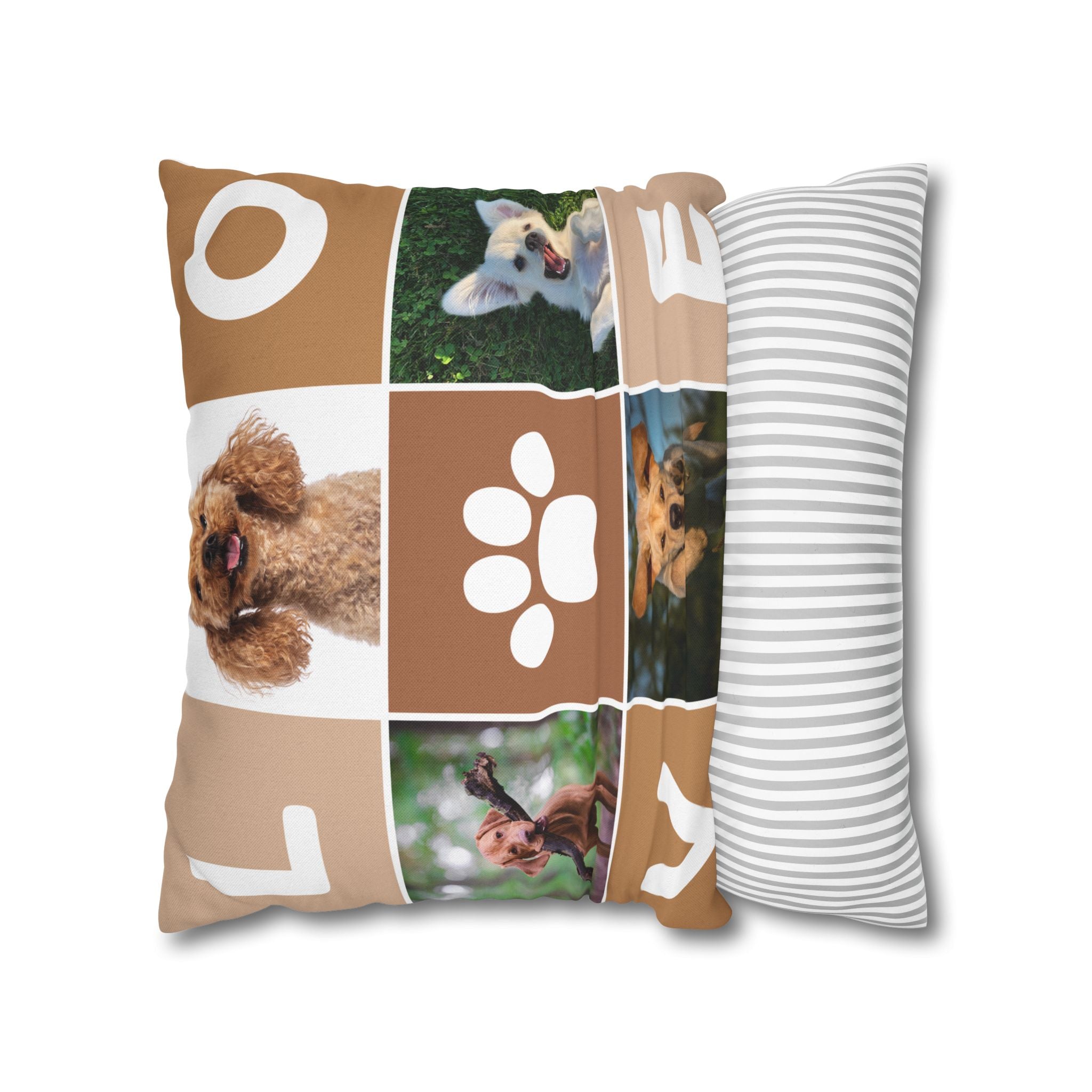 Dog Photo Collage Square Pillow — "LOVE" Paw Print Decorative Pillowcase