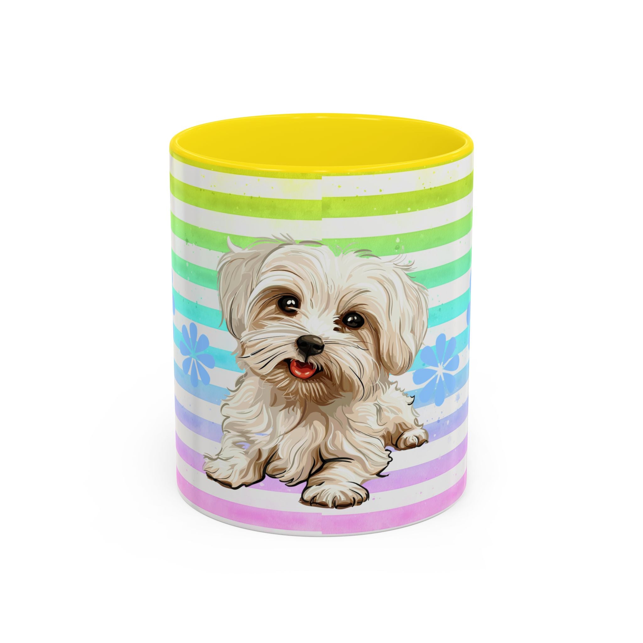 Maltese Dog Coffee Mug — Cute White Pup on Rainbow Stripes