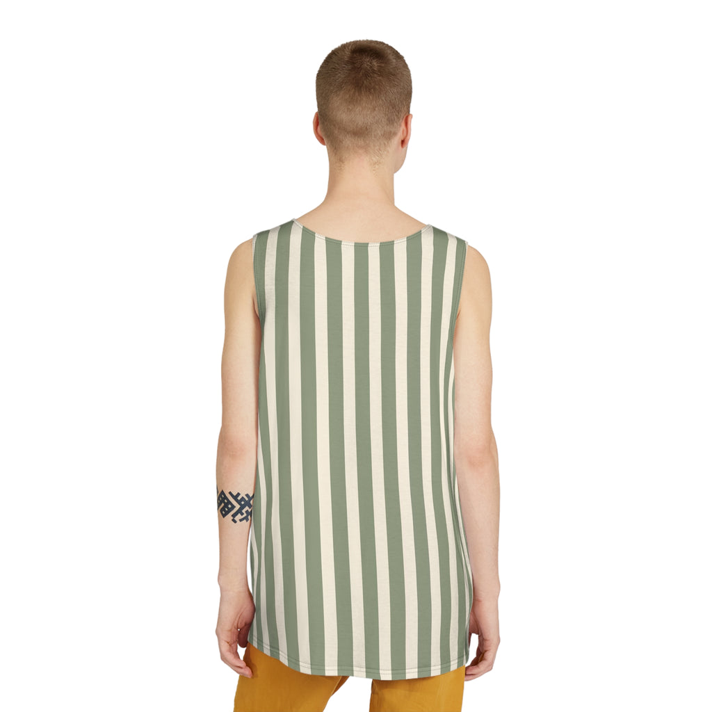 Striped Green & Cream Men's Tank Top — Vintage Summer Beach Muscle Tee with funny dog