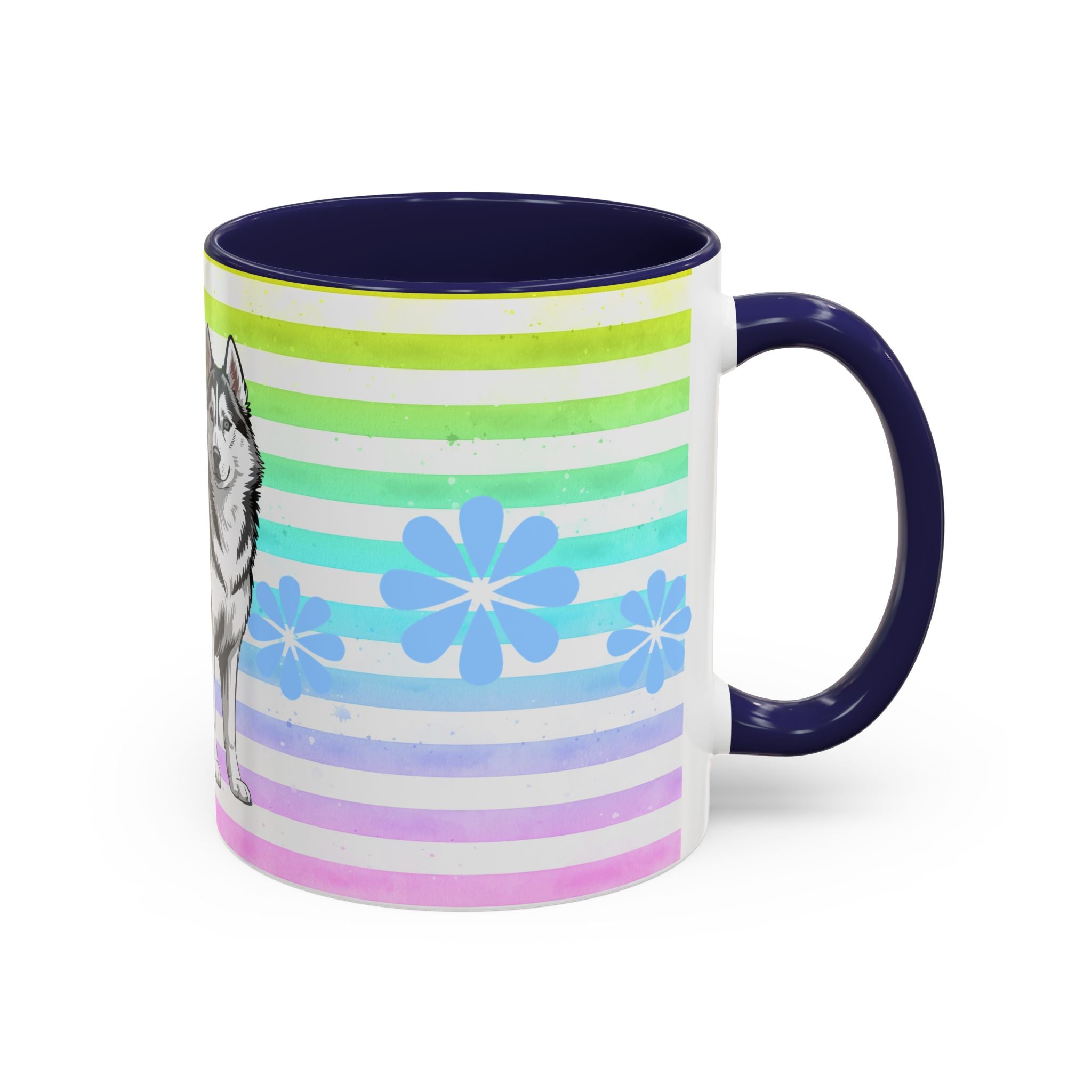 Siberian Husky Coffee Mug — Cute Black & Husky Pup on Rainbow Stripes (Accent Mug 11/15oz)