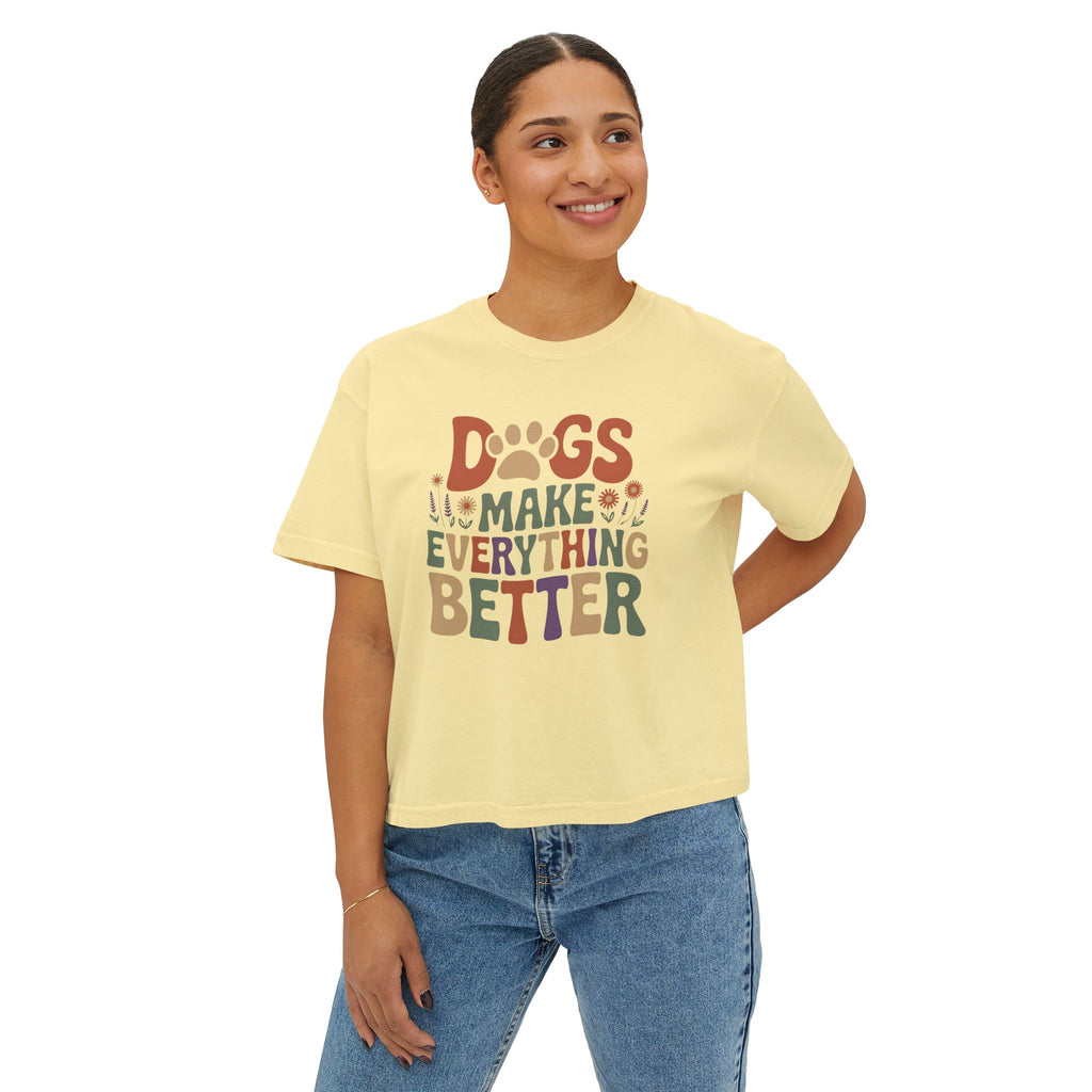 Dogs Make Everything Better Boxy Tee — Cute Paw Print Graphic T‑Shirt for Dog Lovers