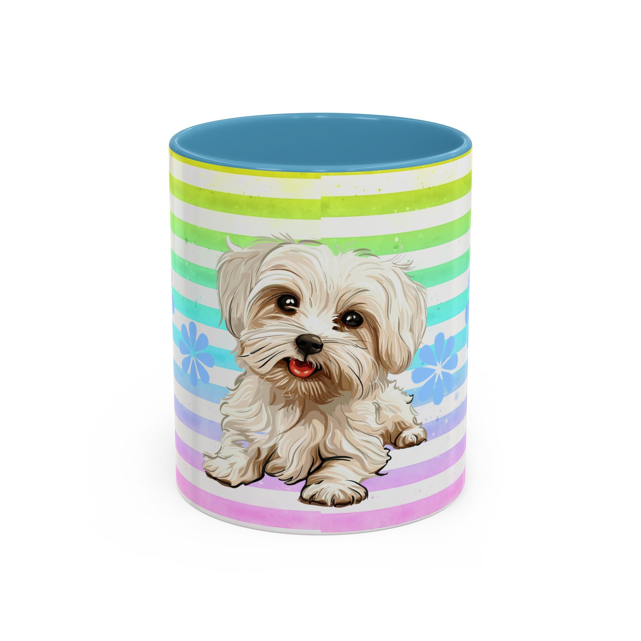 Maltese Dog Coffee Mug — Cute White Pup on Rainbow Stripes