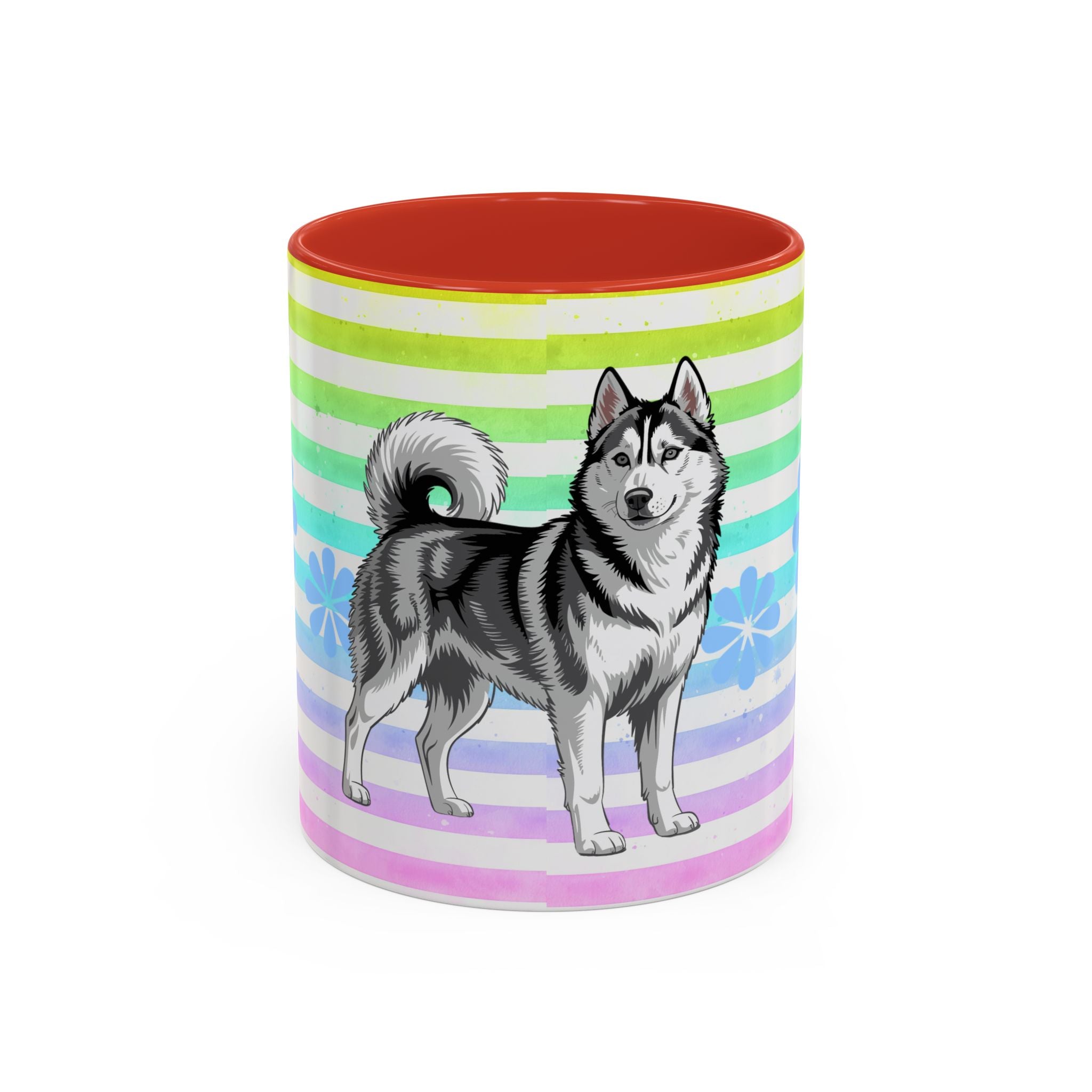 Siberian Husky Coffee Mug — Cute Black & Husky Pup on Rainbow Stripes (Accent Mug 11/15oz)