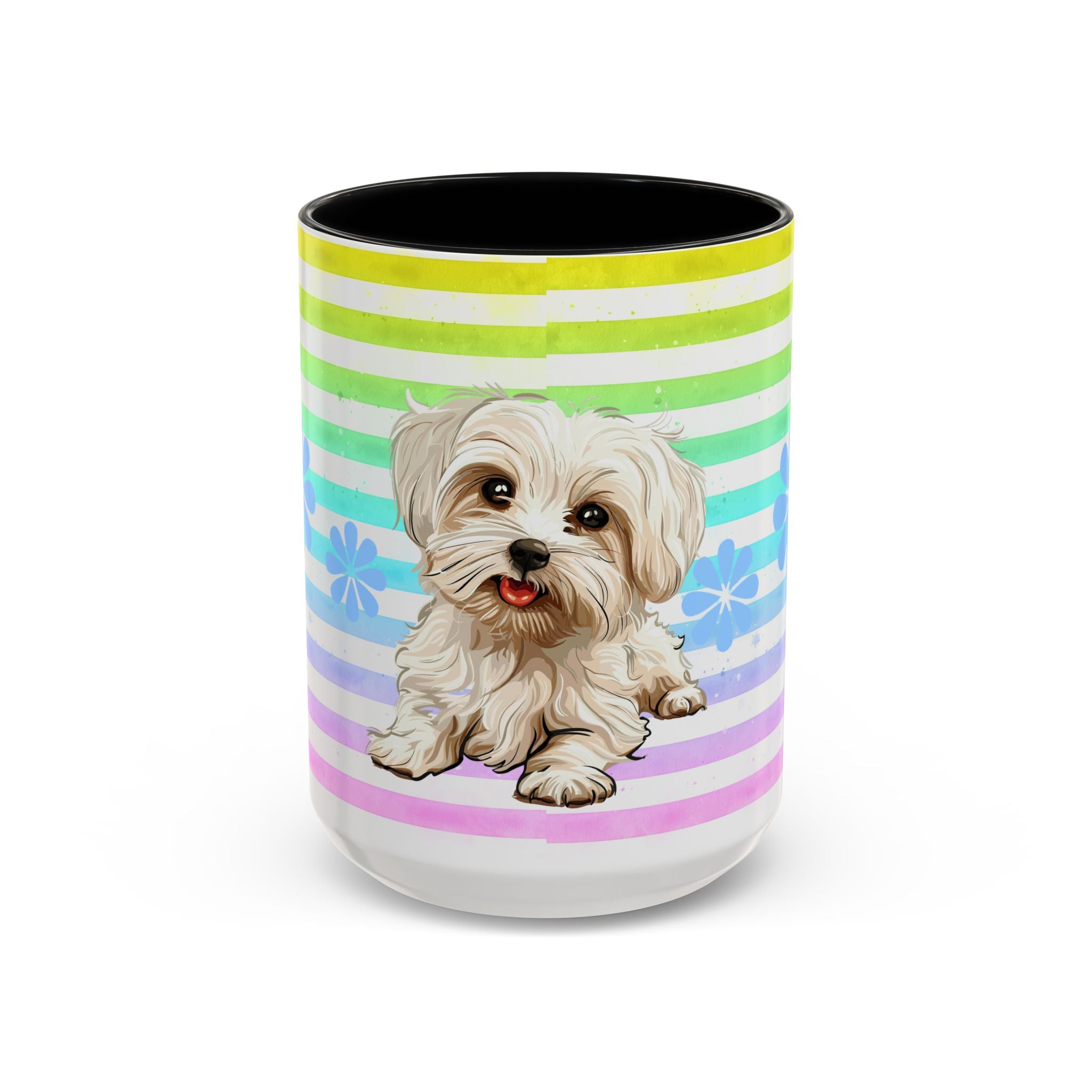 Maltese Dog Coffee Mug — Cute White Pup on Rainbow Stripes