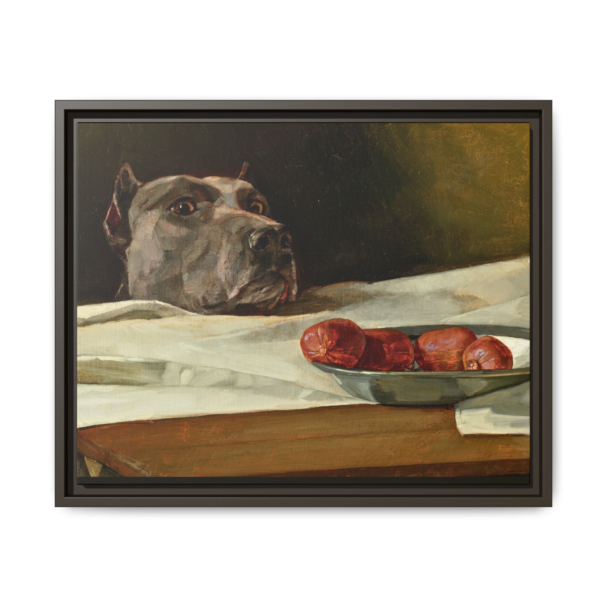 Framed Matte Canvas Print — Great Dane Dog & The Sausage Still Life Wall Art