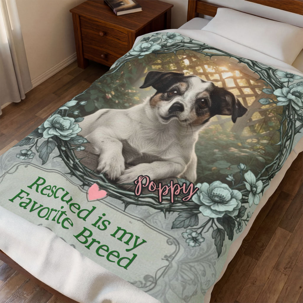 Personalized Dog Portrait Blanket — "Rescued Is My Favorite Breed" | Custom Name & Photo