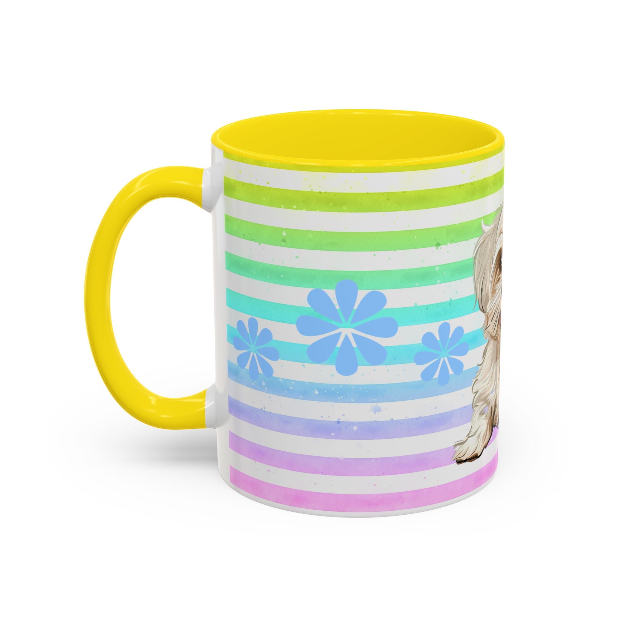 Maltese Dog Coffee Mug — Cute White Pup on Rainbow Stripes