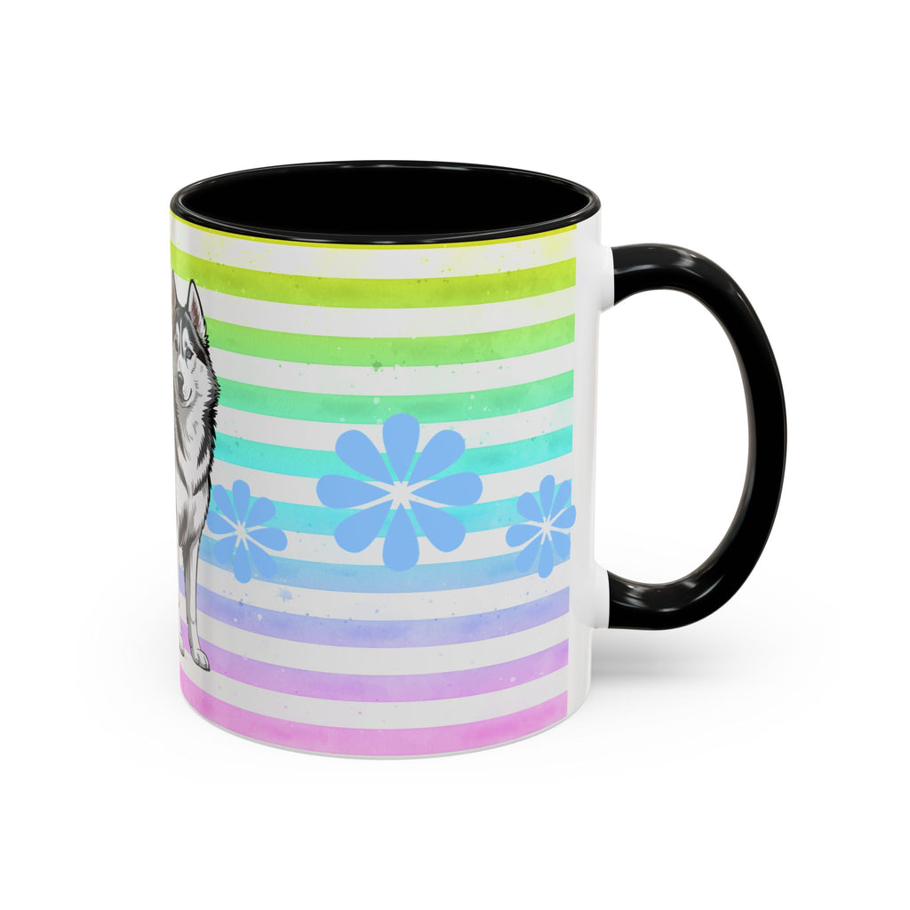 Siberian Husky Coffee Mug — Cute Black & Husky Pup on Rainbow Stripes (Accent Mug 11/15oz)