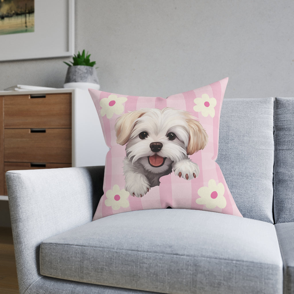 Maltese Dog Throw Pillow — Floral Pink Faux Suede | Dog Lover Home Decor