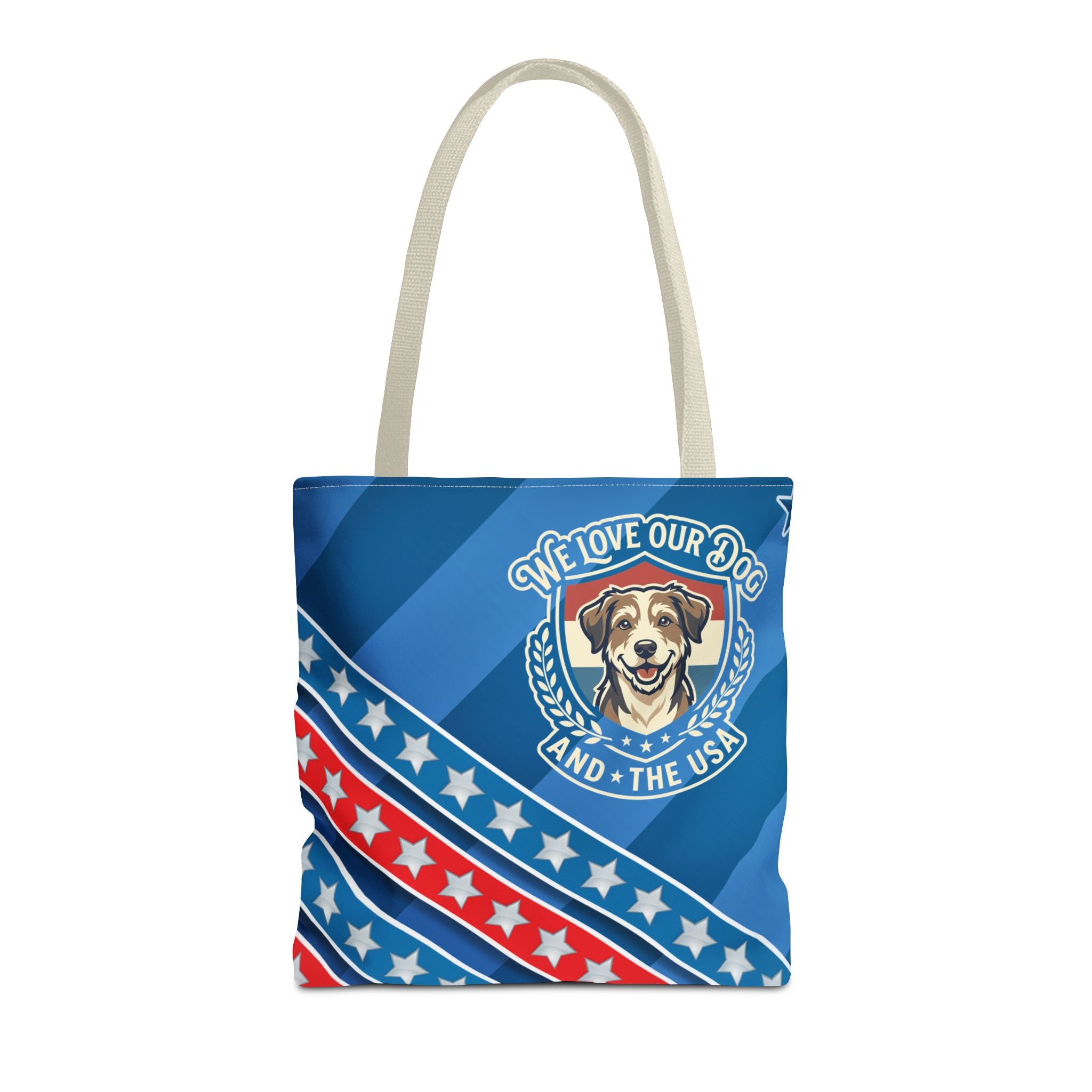 Patriotic Dog Tote Bag — "We Love Our Dog and the USA" AOP Tote
