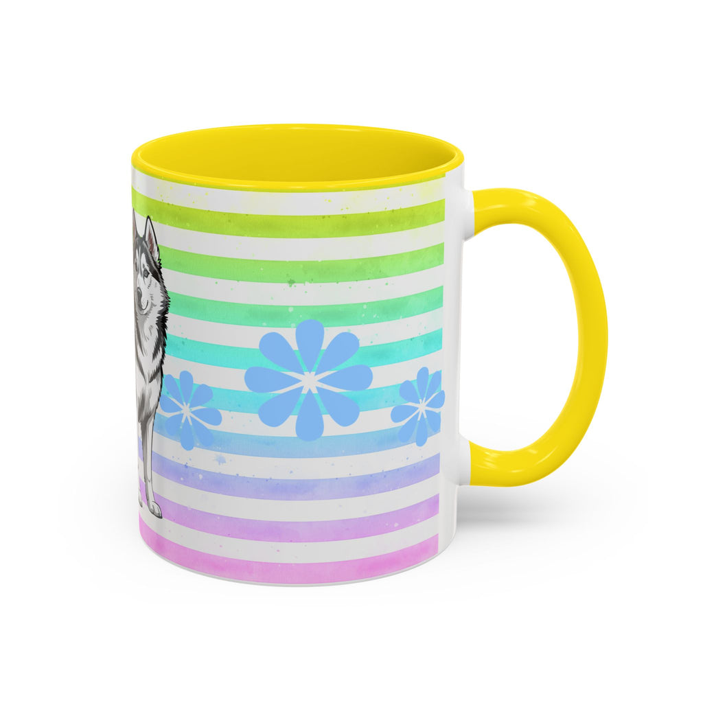 Siberian Husky Coffee Mug — Cute Black & Husky Pup on Rainbow Stripes (Accent Mug 11/15oz)