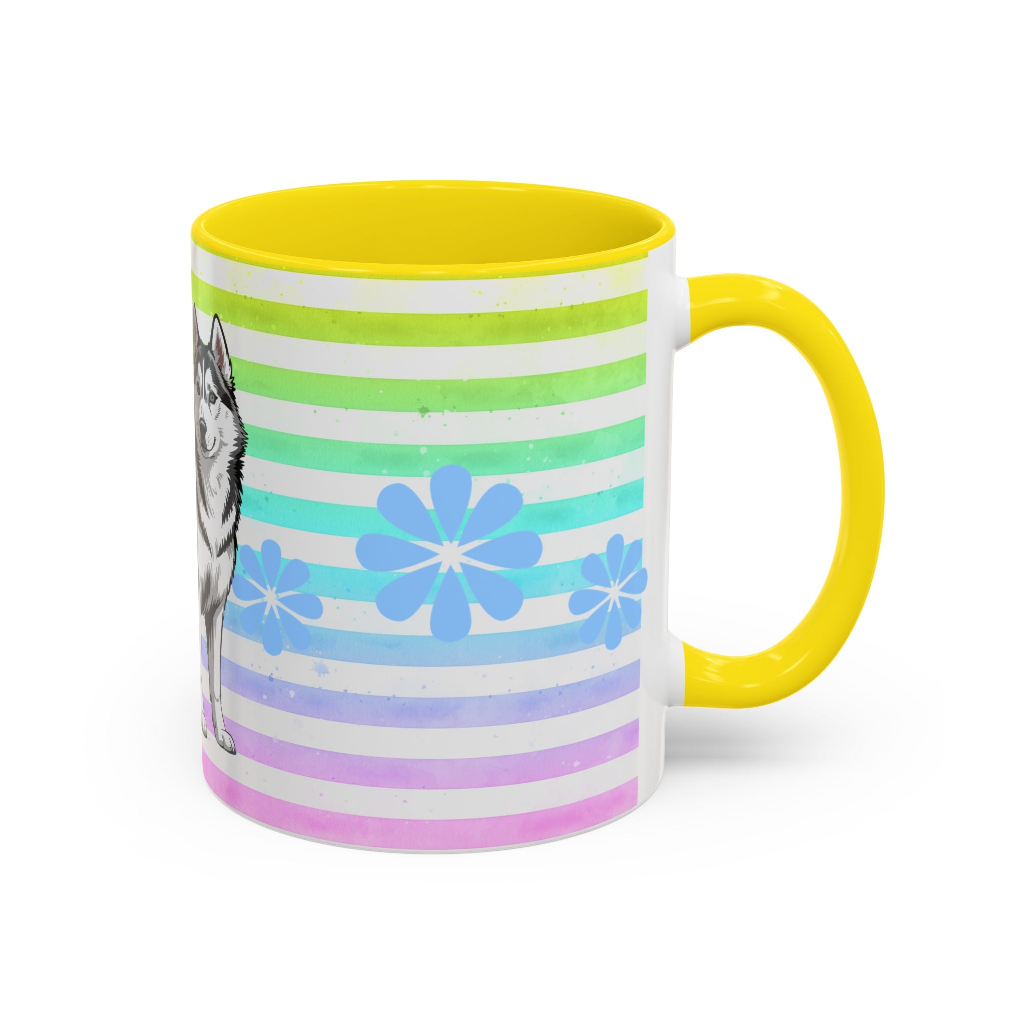 Siberian Husky Coffee Mug — Cute Black & Husky Pup on Rainbow Stripes (Accent Mug 11/15oz)