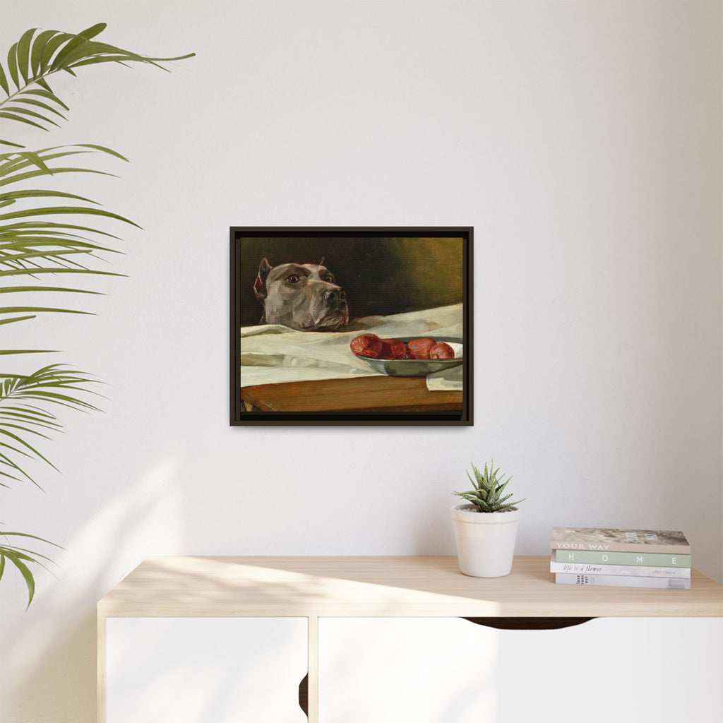 Framed Matte Canvas Print — Great Dane Dog & The Sausage Still Life Wall Art