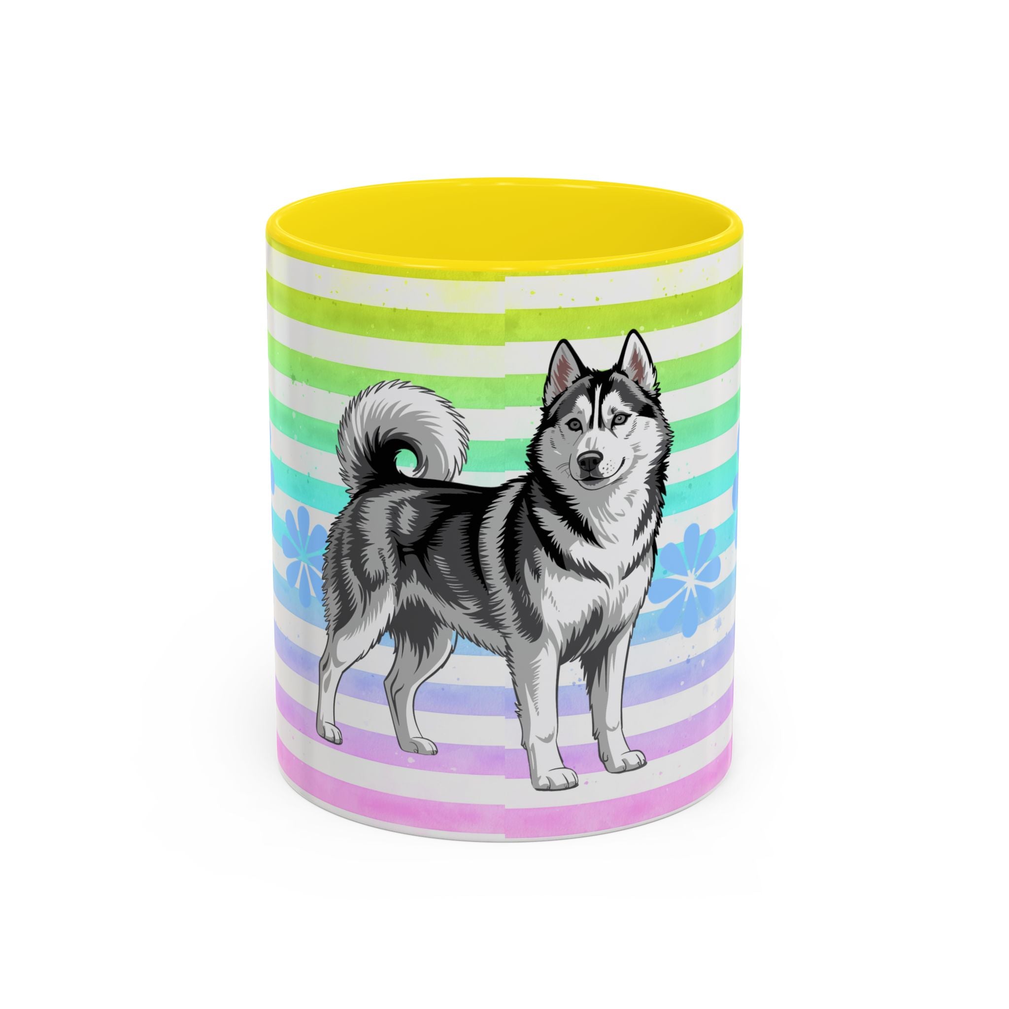 Siberian Husky Coffee Mug — Cute Black & Husky Pup on Rainbow Stripes (Accent Mug 11/15oz)