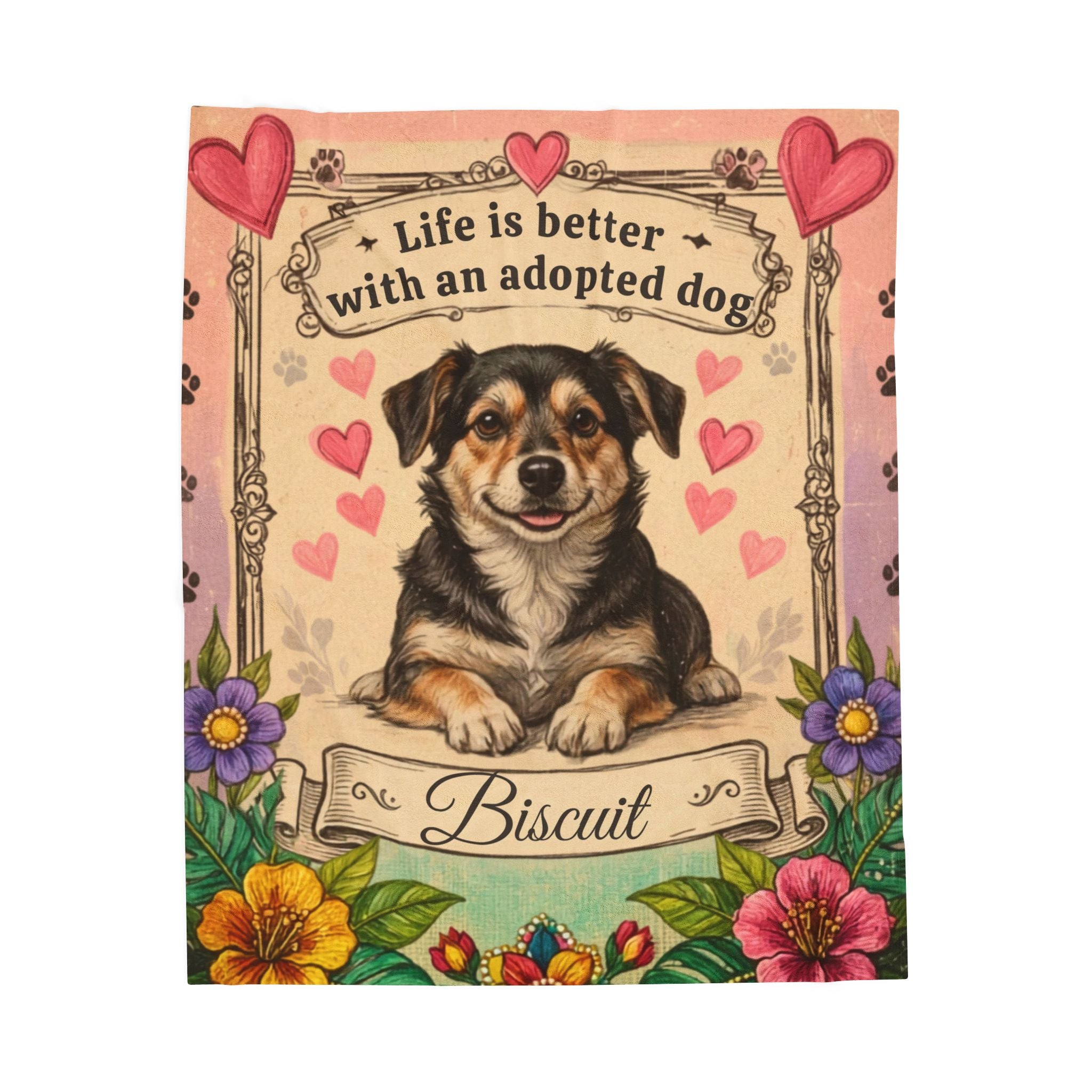 Personalized Dog Portrait Blanket — Hearts & Flowers Adopted Dog | Custom Name & Photo