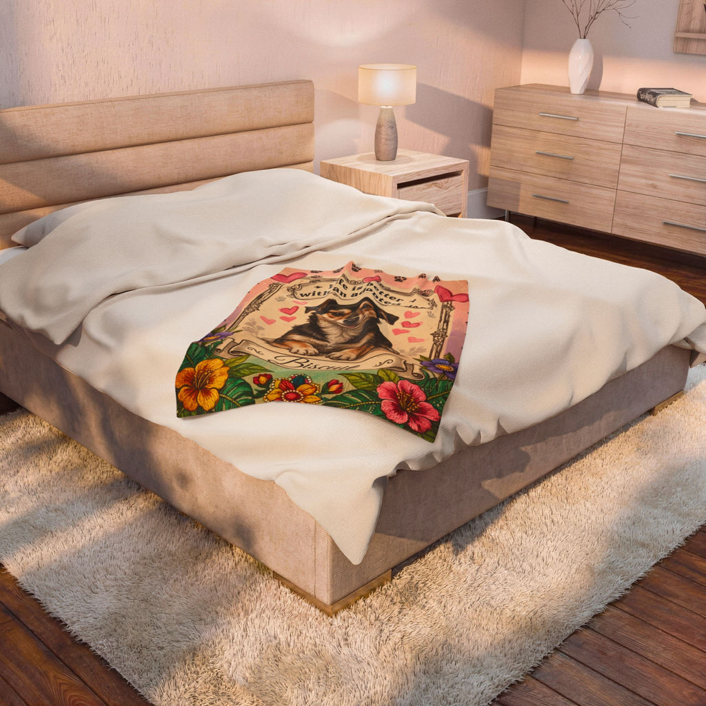 Personalized Dog Portrait Blanket — Hearts & Flowers Adopted Dog | Custom Name & Photo