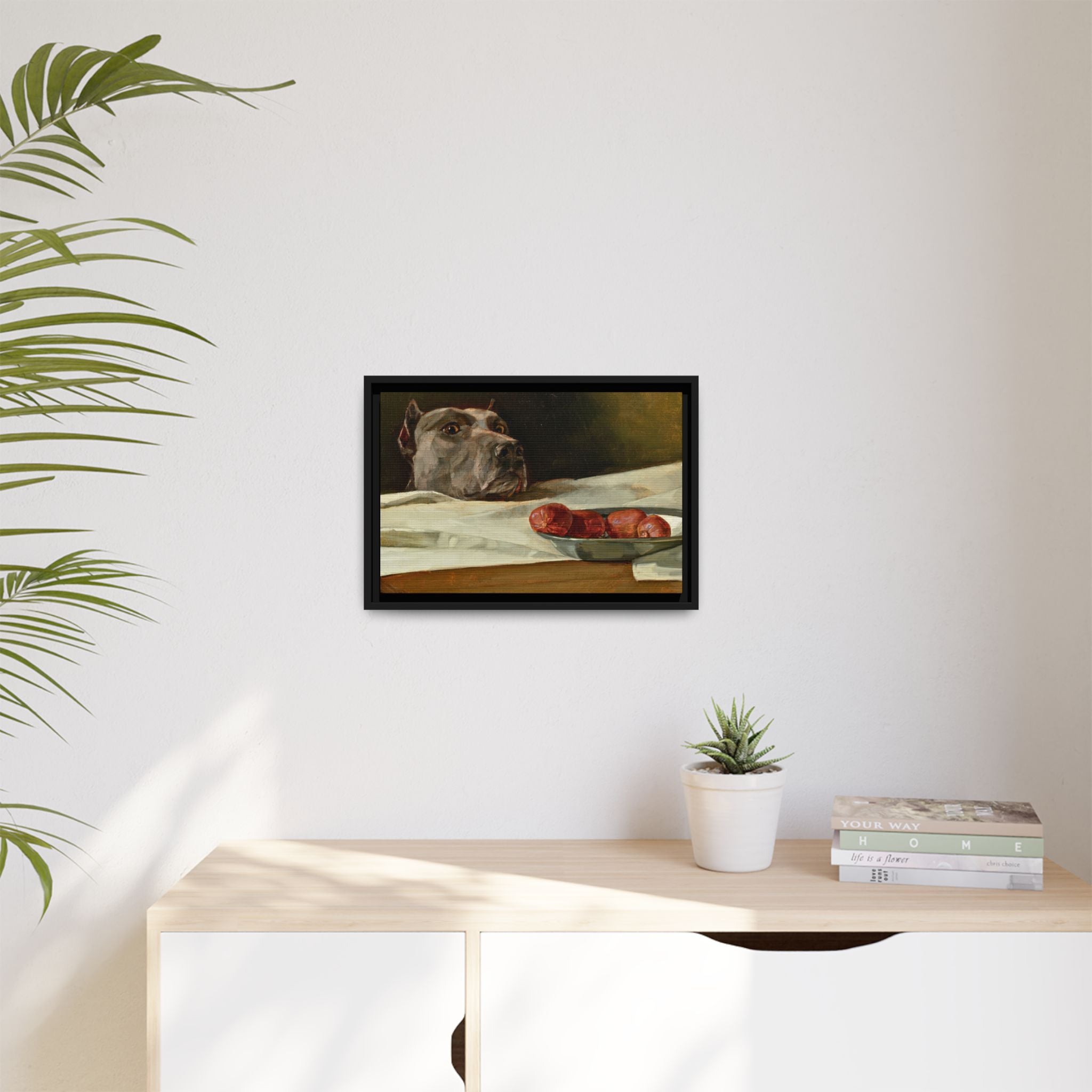 Framed Matte Canvas Print — Great Dane Dog & The Sausage Still Life Wall Art