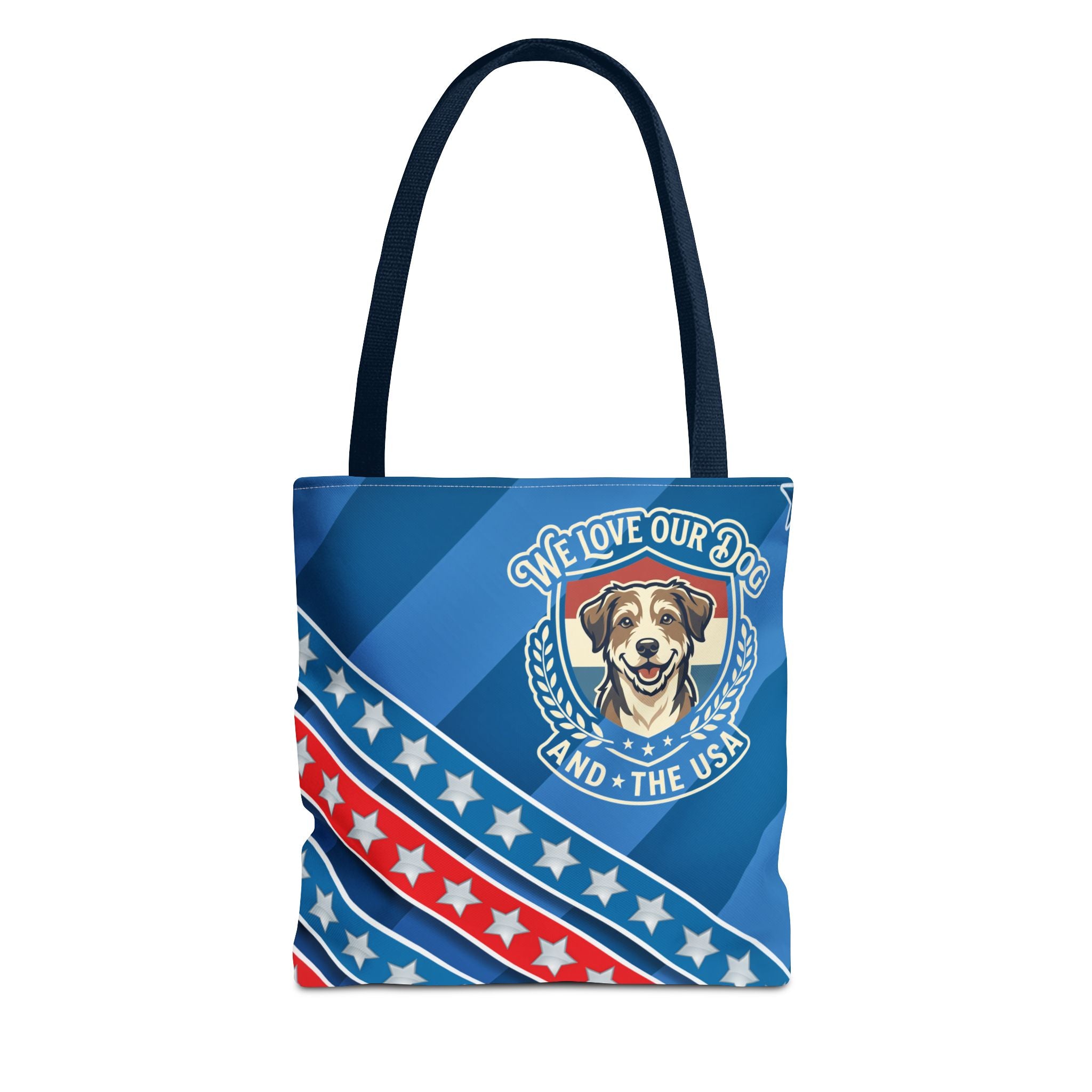 Patriotic Dog Tote Bag — "We Love Our Dog and the USA" AOP Tote