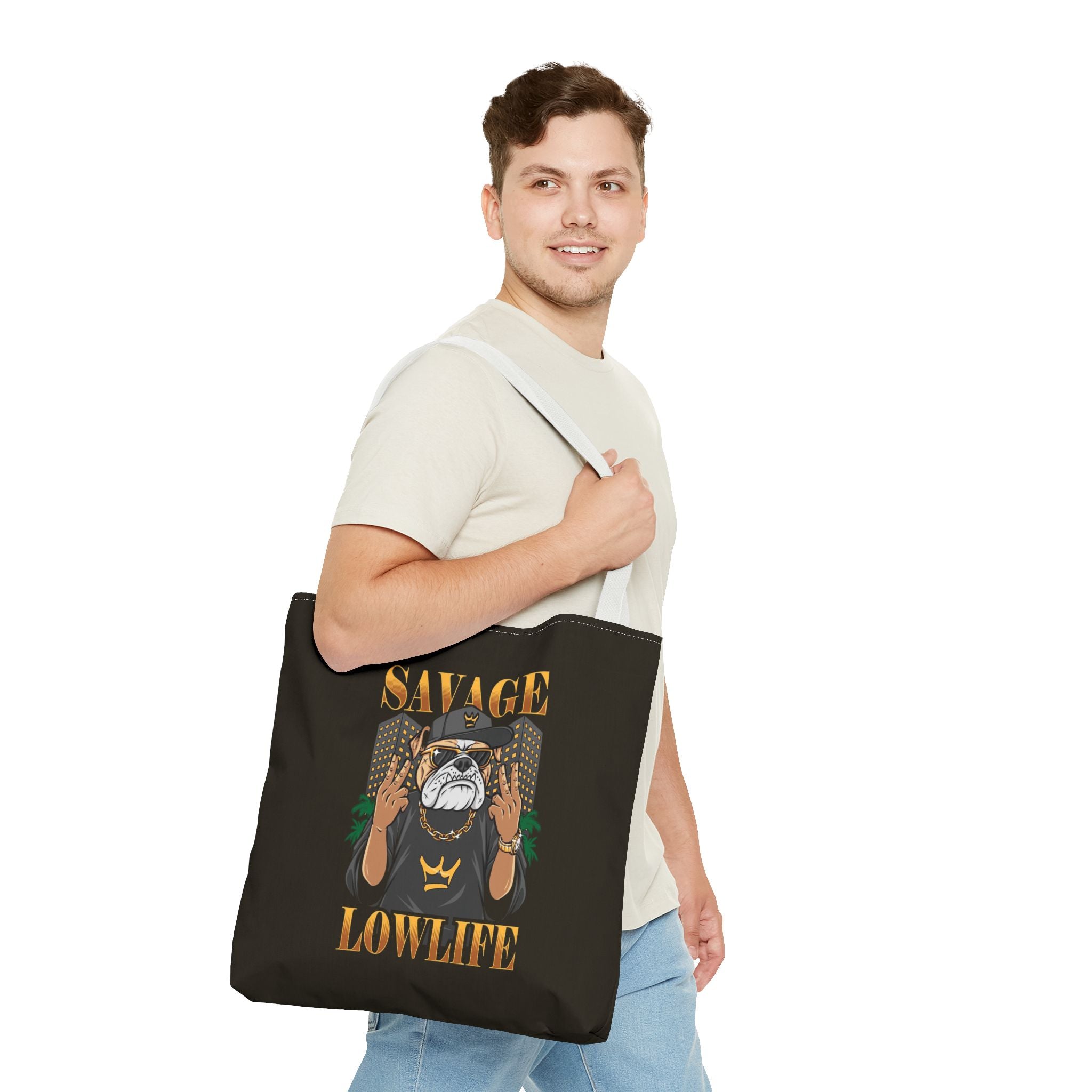 Savage Lowlife Graphic Tote Bag — Urban Bulldog Design, Streetwear Everyday Carry