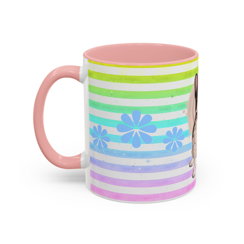 French Bulldog Coffee Mug — Cute Black & White Pup on Rainbow Stripes (Accent Mug 11/15oz)