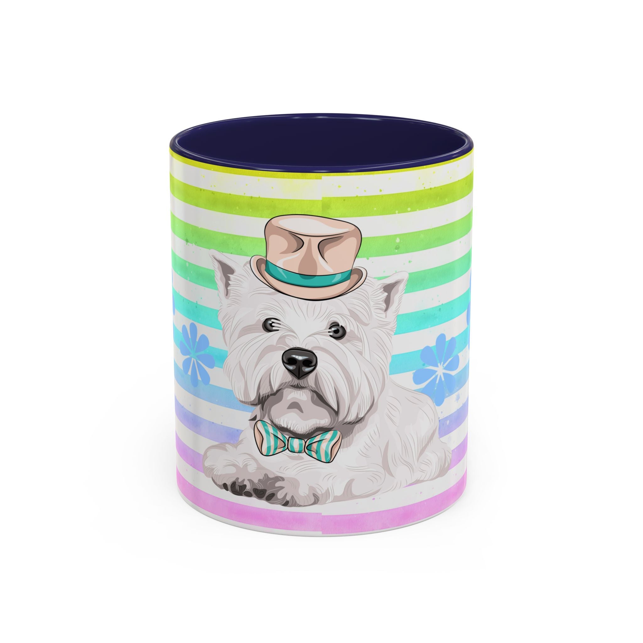West Highland Terrier Coffee Mug — Cute White Pup on Rainbow Stripes (Accent Mug 11/15oz)