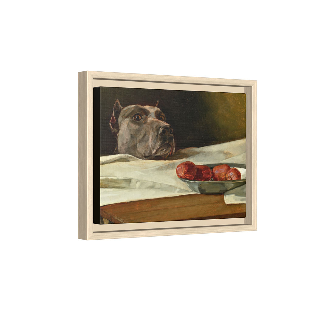 Framed Matte Canvas Print — Great Dane Dog & The Sausage Still Life Wall Art