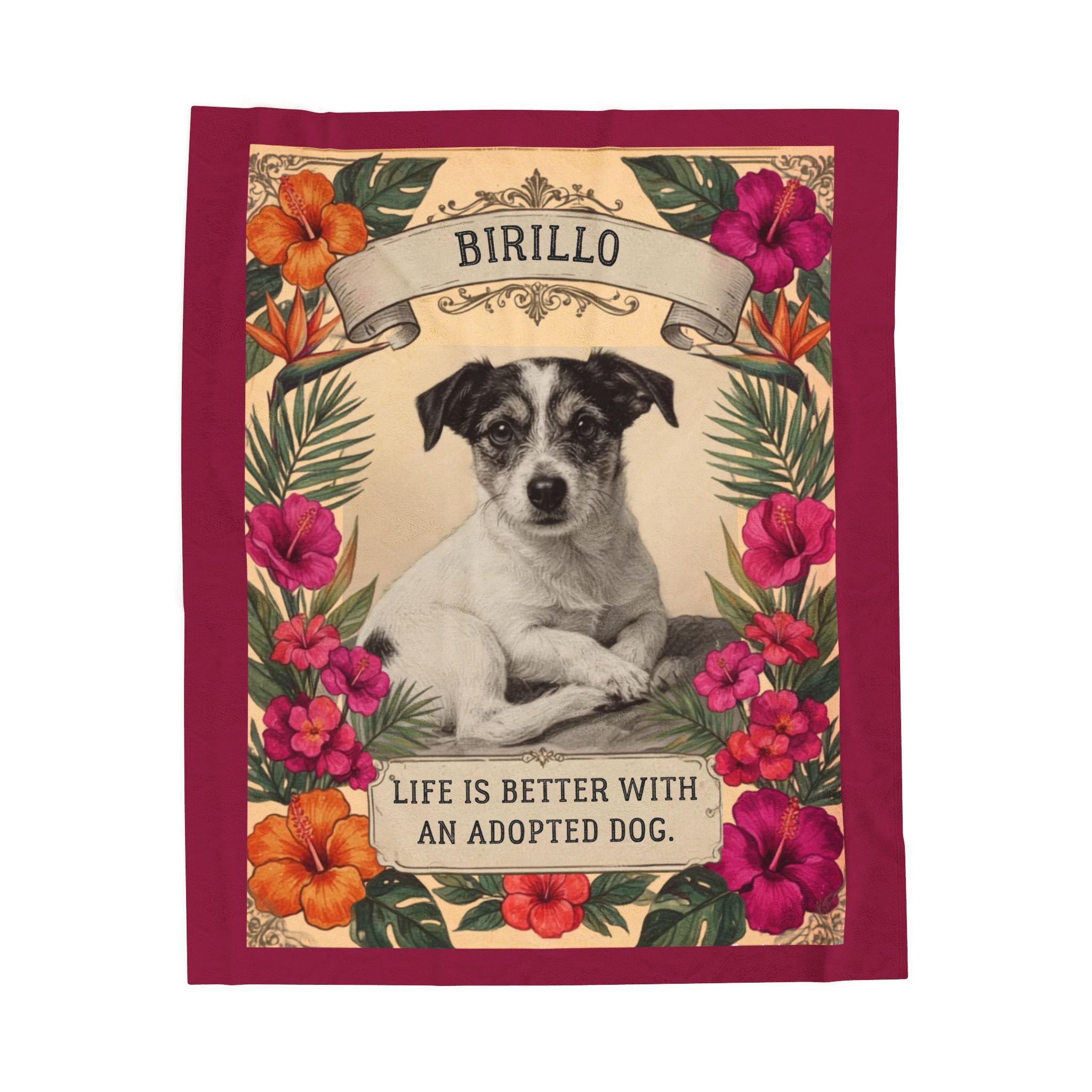 Personalized Dog Portrait Blanket — Hibiscus Floral & Adopted Dog | Custom Name & Photo