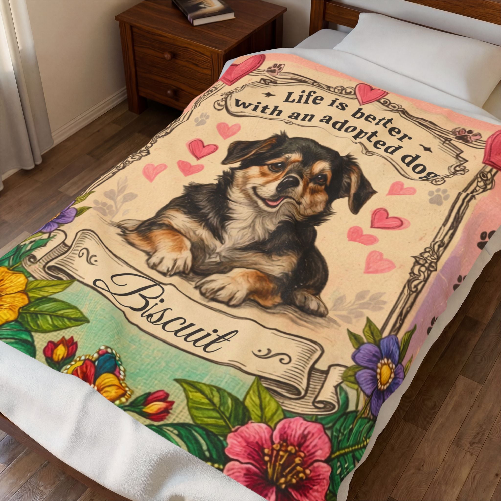 Personalized Dog Portrait Blanket — Hearts & Flowers Adopted Dog | Custom Name & Photo