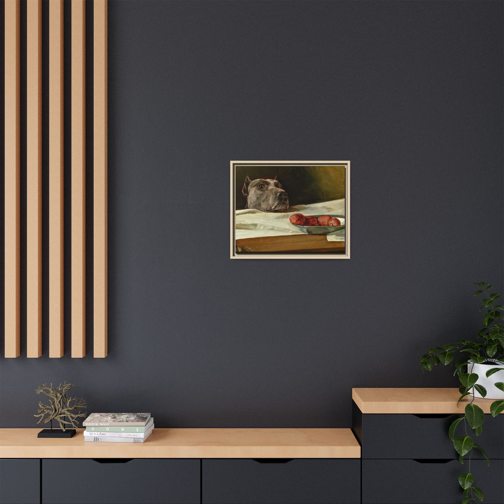 Framed Matte Canvas Print — Great Dane Dog & The Sausage Still Life Wall Art