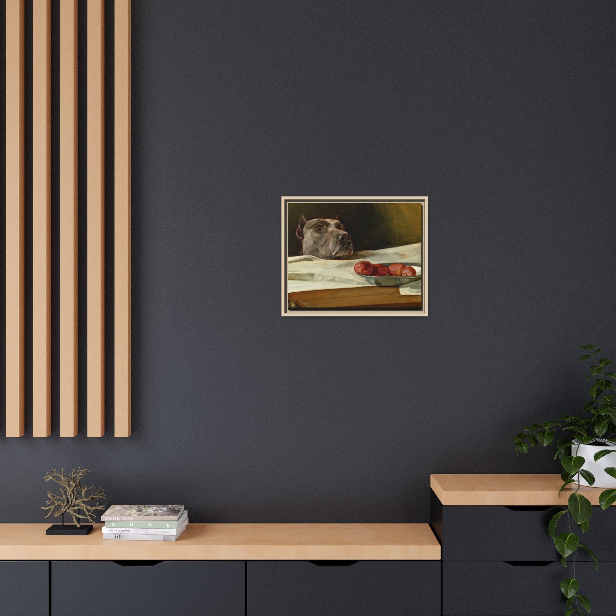 Framed Matte Canvas Print — Great Dane Dog & The Sausage Still Life Wall Art