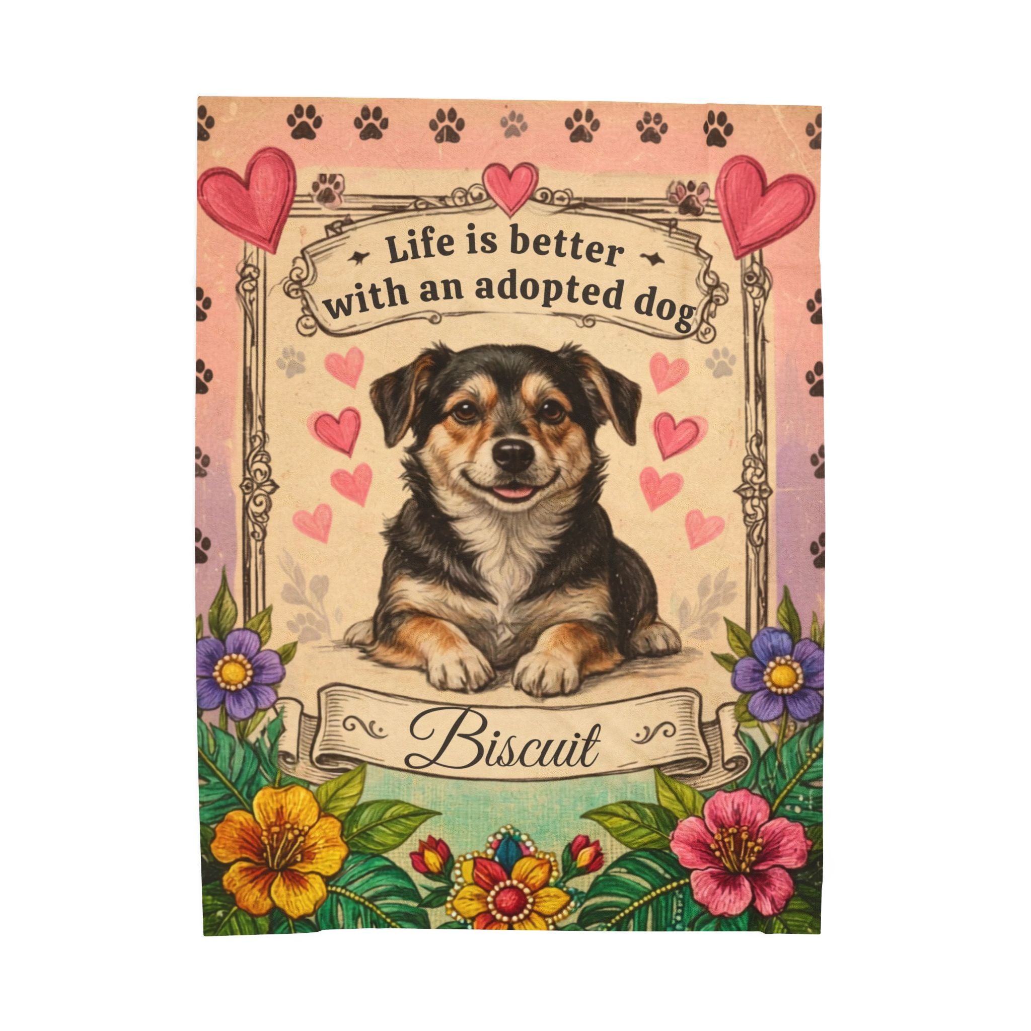 Personalized Dog Portrait Blanket — Hearts & Flowers Adopted Dog | Custom Name & Photo