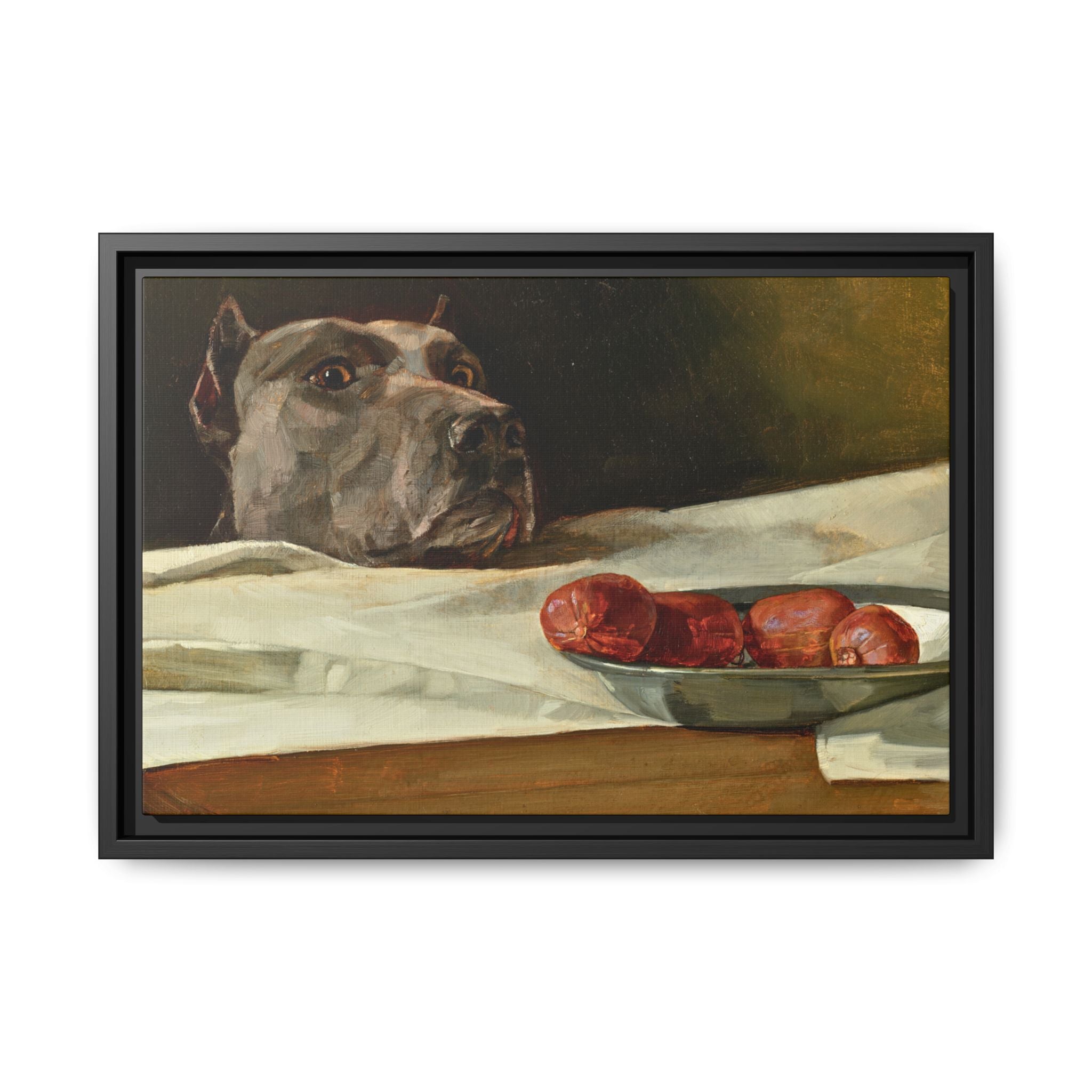 Framed Matte Canvas Print — Great Dane Dog & The Sausage Still Life Wall Art