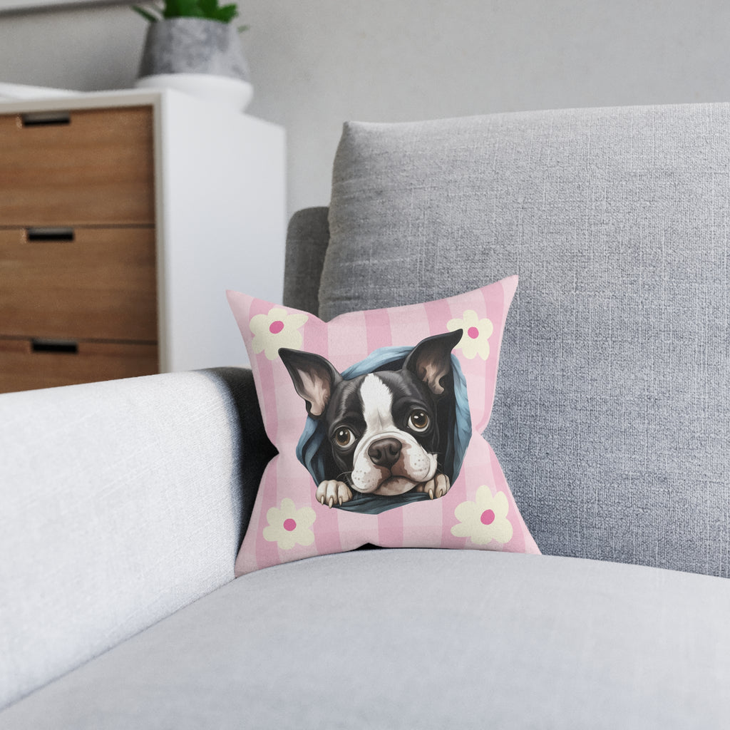 Boston Terrier Throw Pillow — Floral Pink Faux Suede | Dog Lover Home Decor