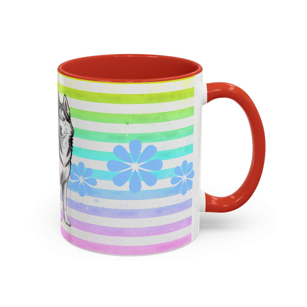 Siberian Husky Coffee Mug — Cute Black & Husky Pup on Rainbow Stripes (Accent Mug 11/15oz)