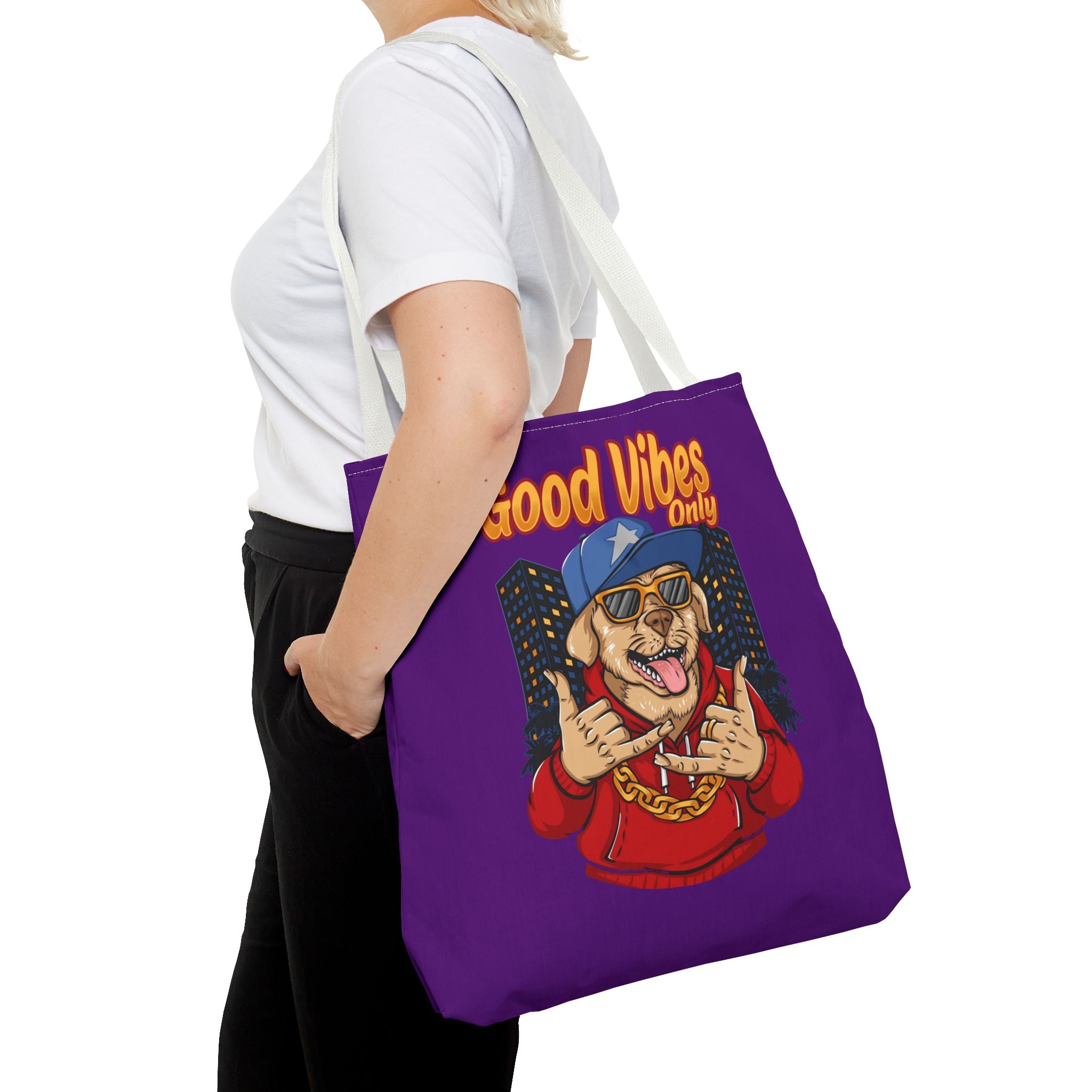 Good Vibes Only Dog Tote Bag — Cute Hipster Pup Graphic Canvas Tote