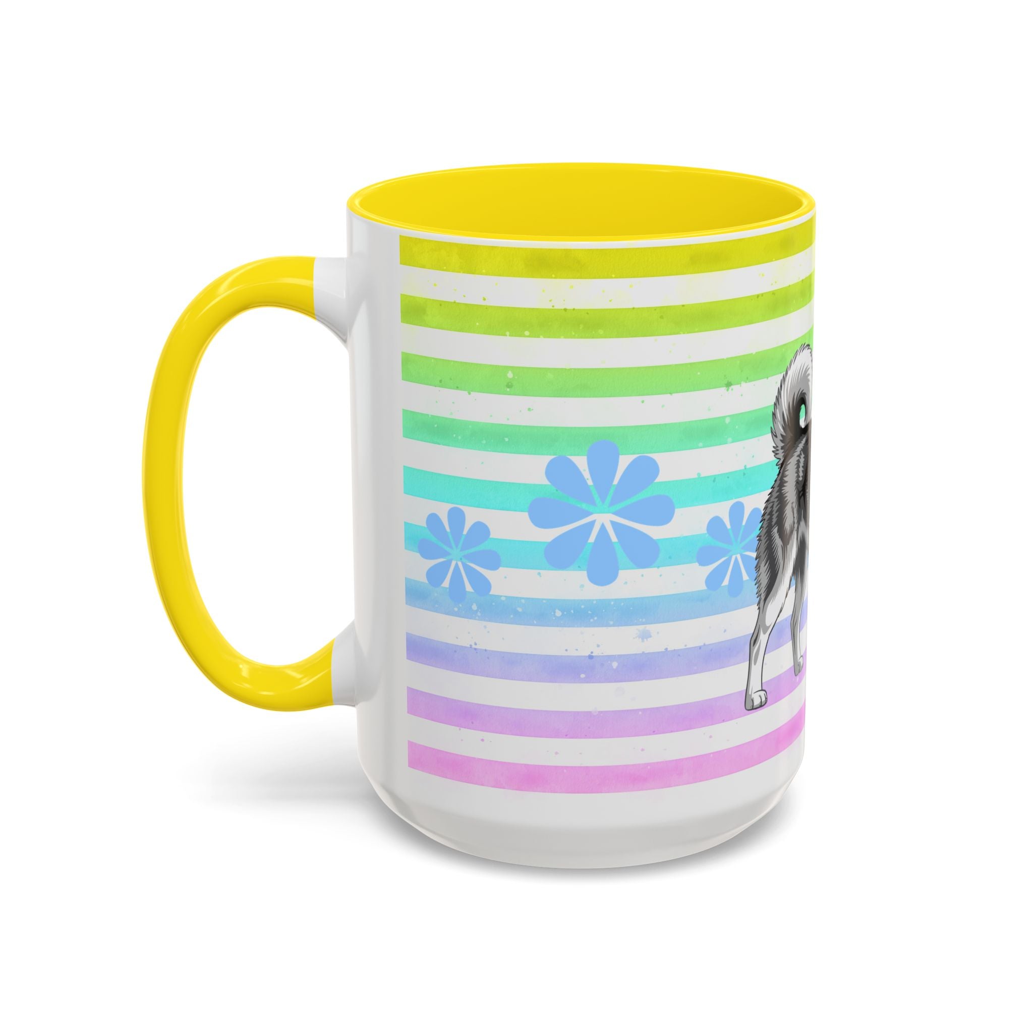 Siberian Husky Coffee Mug — Cute Black & Husky Pup on Rainbow Stripes (Accent Mug 11/15oz)
