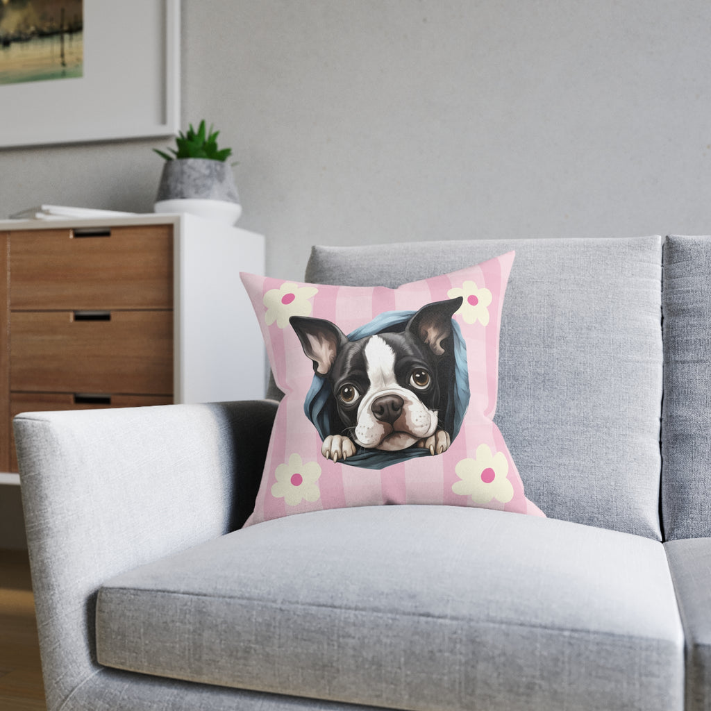 Boston Terrier Throw Pillow — Floral Pink Faux Suede | Dog Lover Home Decor