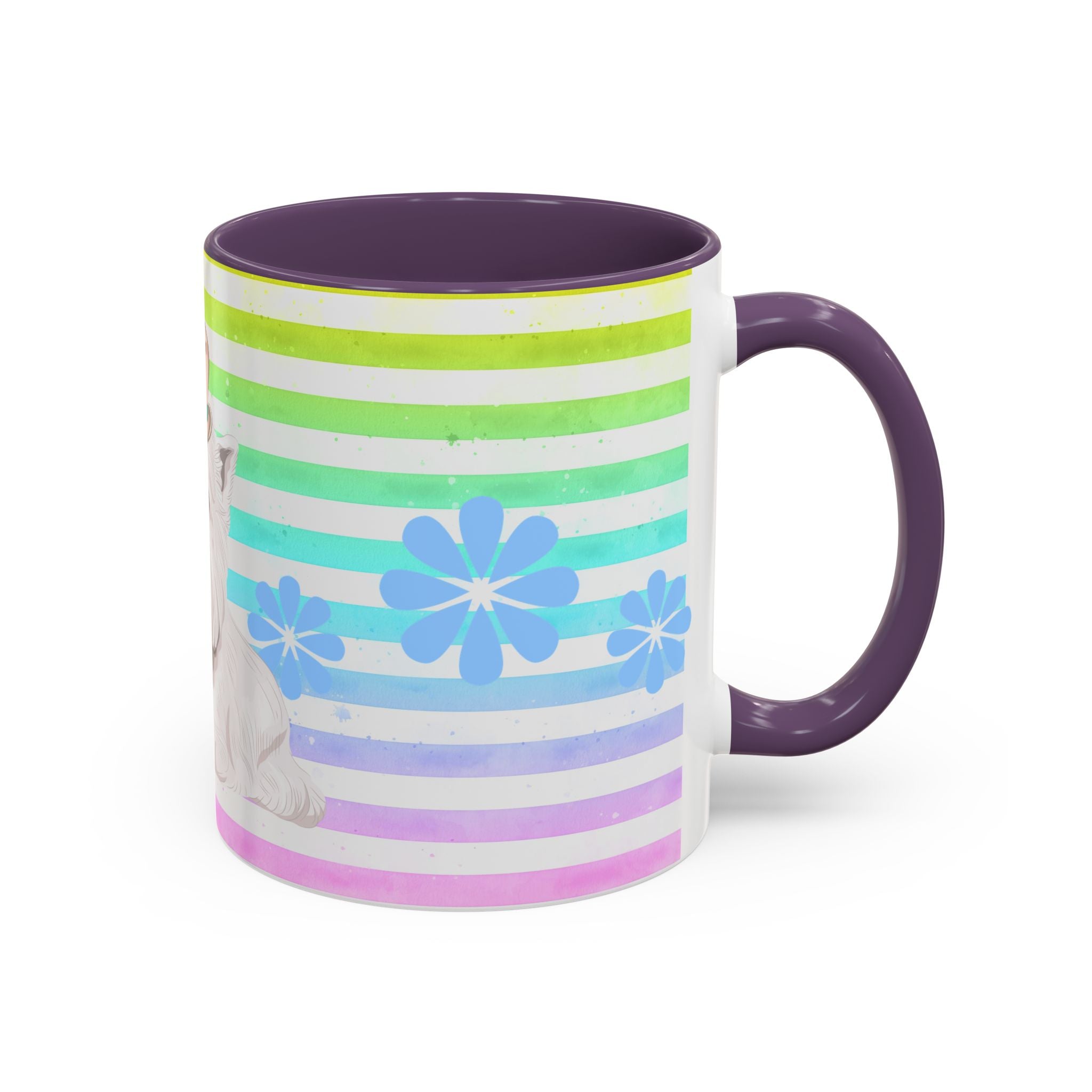 West Highland Terrier Coffee Mug — Cute White Pup on Rainbow Stripes (Accent Mug 11/15oz)