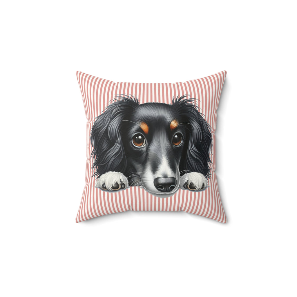 Dachshund Throw Pillow — Peeking Dog Portrait on Stripes | Faux Suede Dog Lover Gift