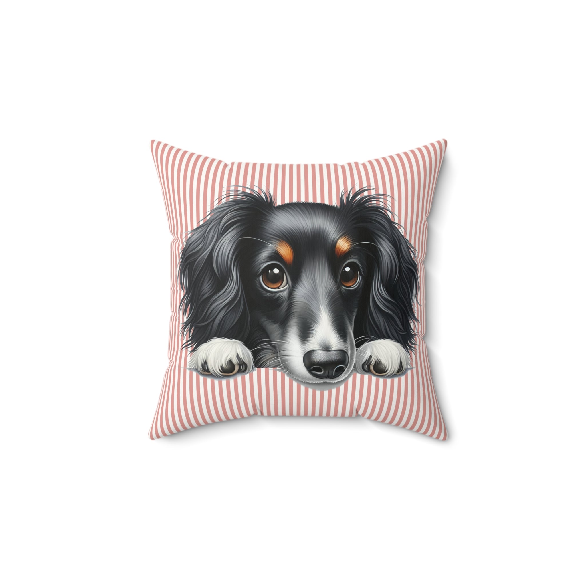 Dachshund Throw Pillow — Peeking Dog Portrait on Stripes | Faux Suede Dog Lover Gift