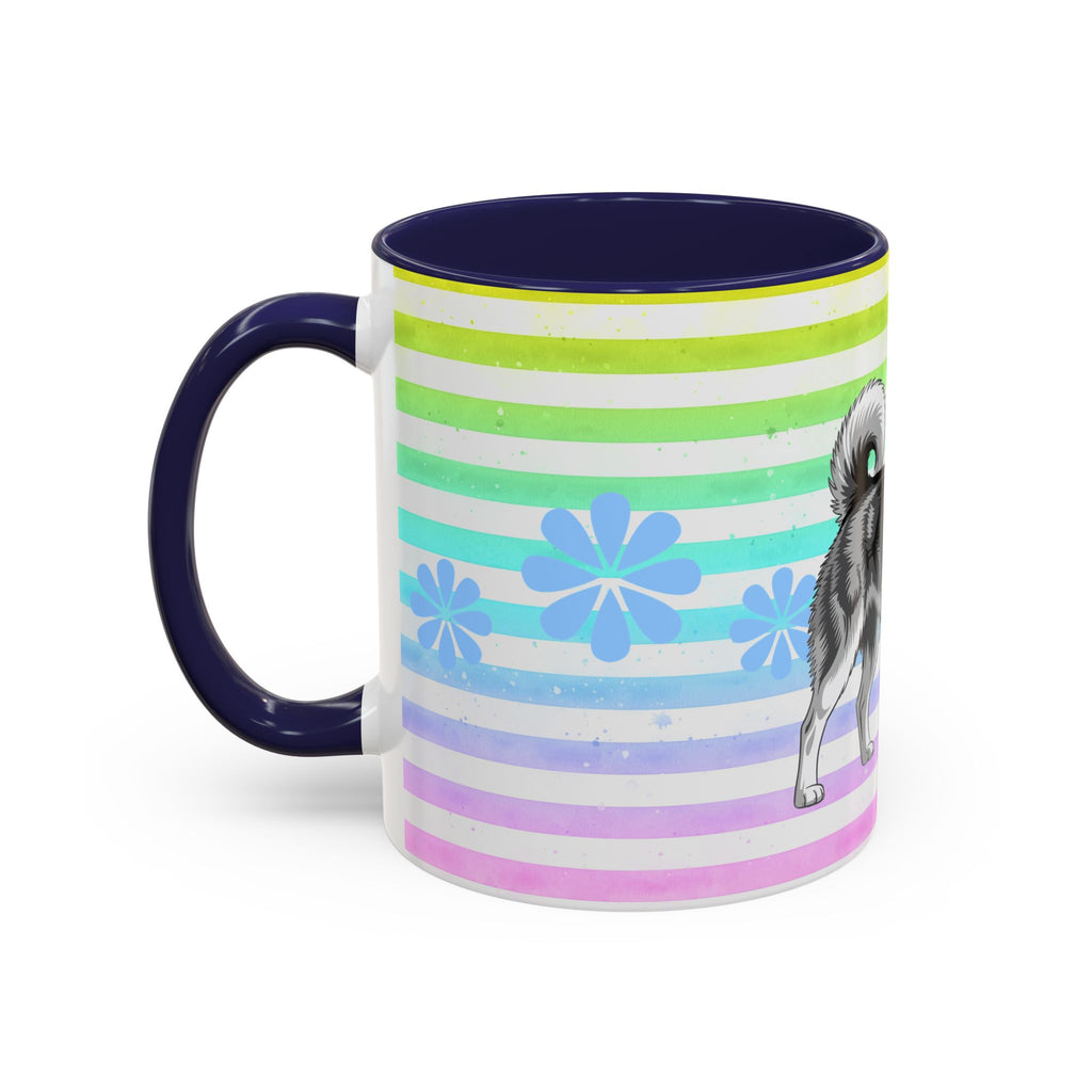 Siberian Husky Coffee Mug — Cute Black & Husky Pup on Rainbow Stripes (Accent Mug 11/15oz)