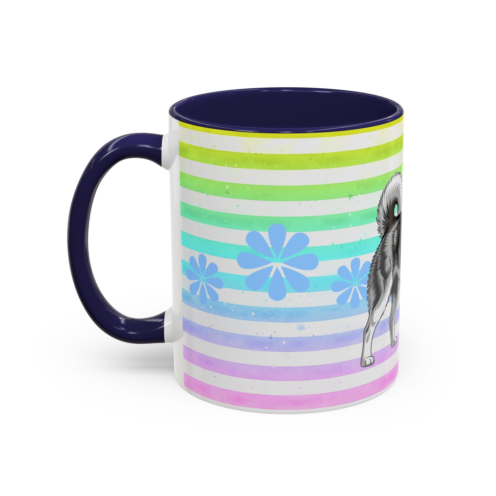 Siberian Husky Coffee Mug — Cute Black & Husky Pup on Rainbow Stripes (Accent Mug 11/15oz)