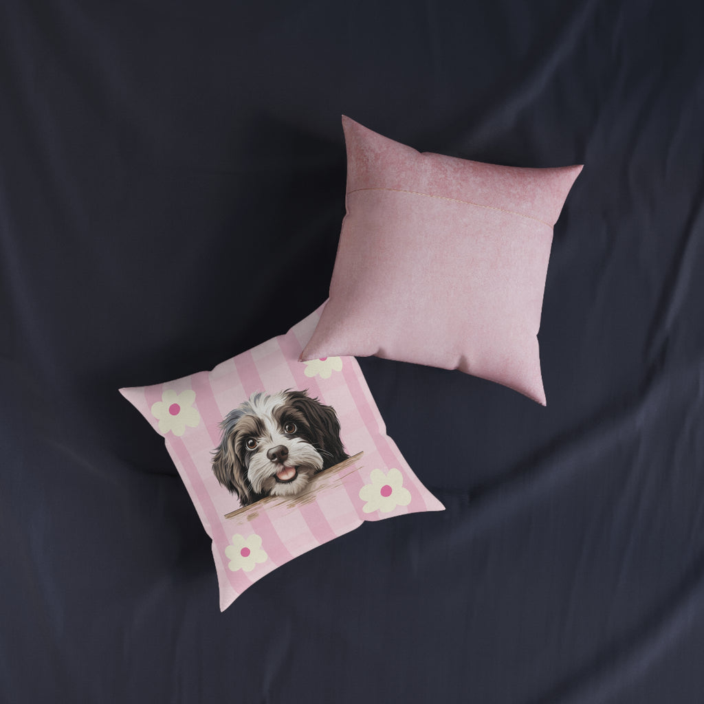 Havanese Dog Throw Pillow — Floral Pink Faux Suede | Dog Lover Home Decor