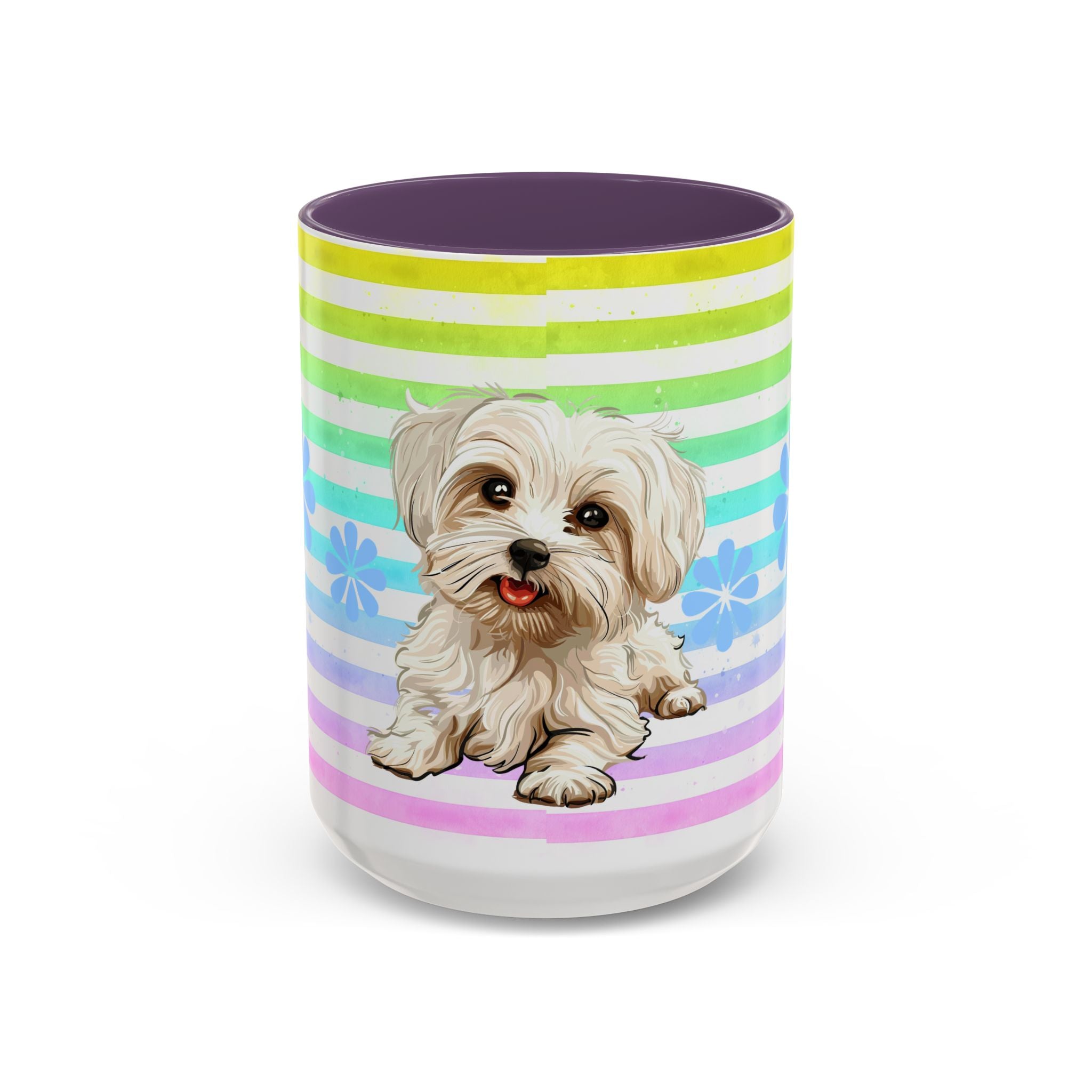 Maltese Dog Coffee Mug — Cute White Pup on Rainbow Stripes
