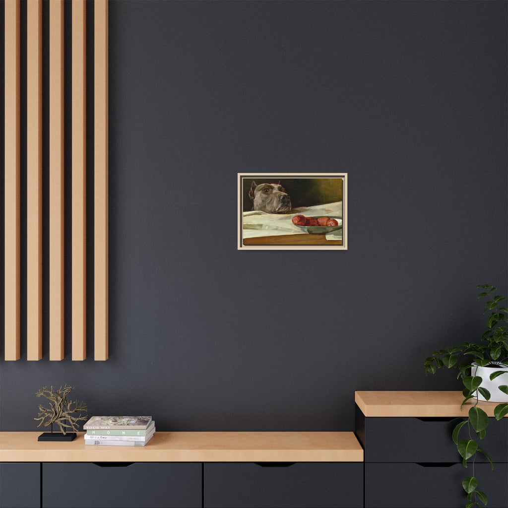 Framed Matte Canvas Print — Great Dane Dog & The Sausage Still Life Wall Art