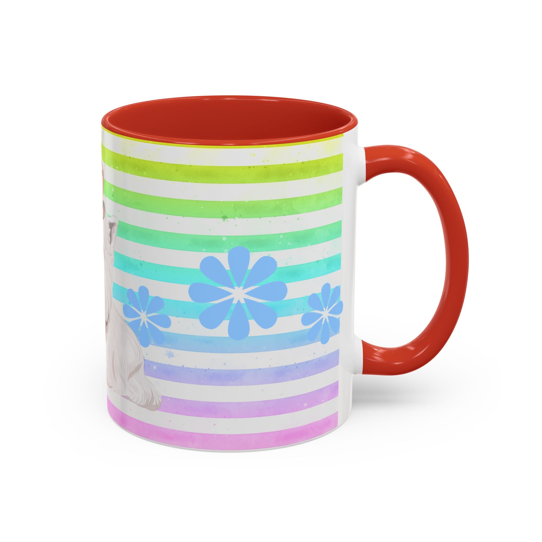 West Highland Terrier Coffee Mug — Cute White Pup on Rainbow Stripes (Accent Mug 11/15oz)