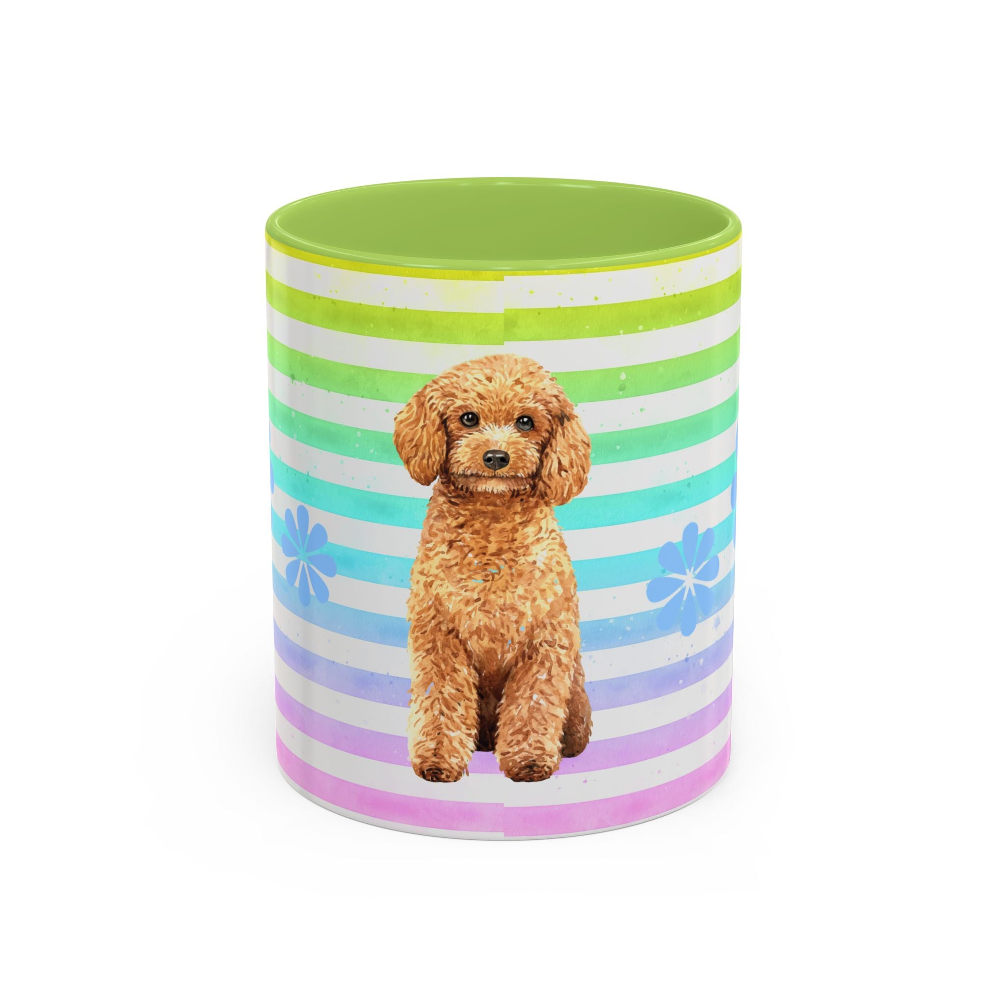 Apricot Poodle Coffee Mug — Cute Fluffy Pup on Rainbow Stripes (Accent Mug 11/15oz)
