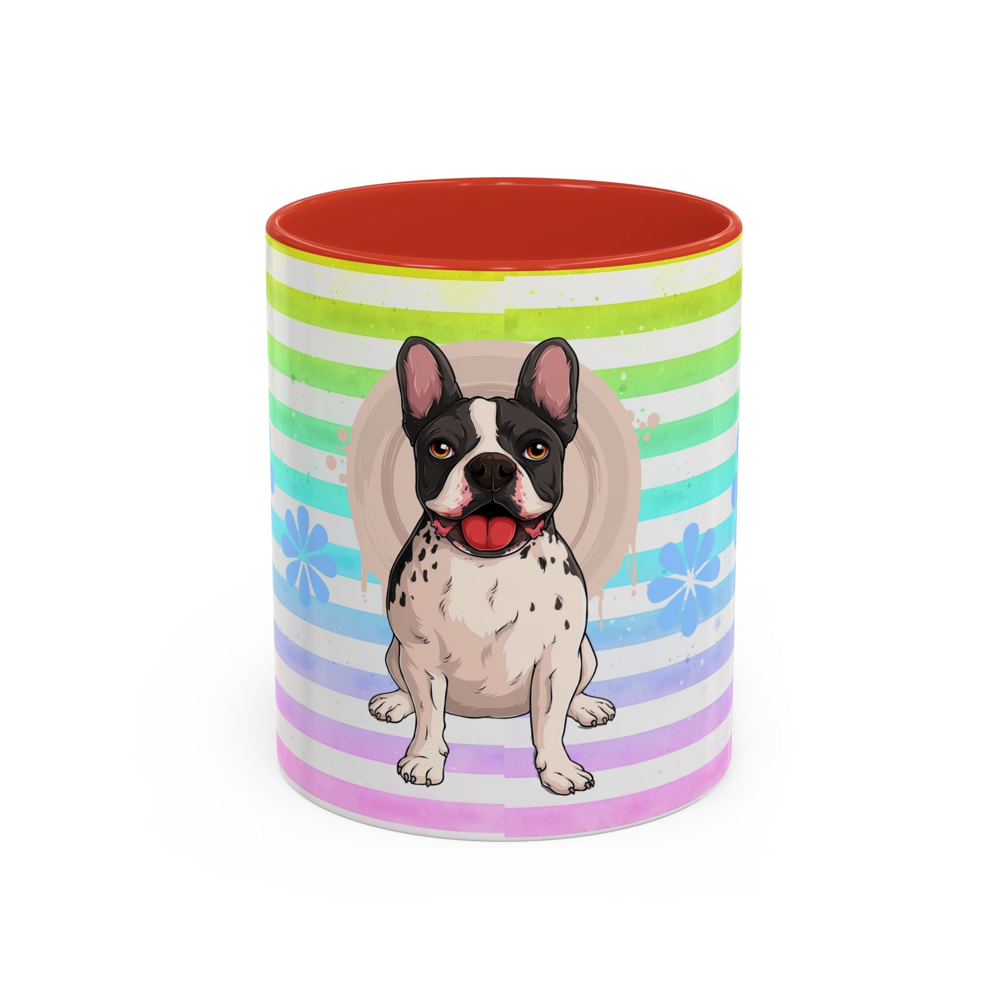 French Bulldog Coffee Mug — Cute Black & White Pup on Rainbow Stripes (Accent Mug 11/15oz)